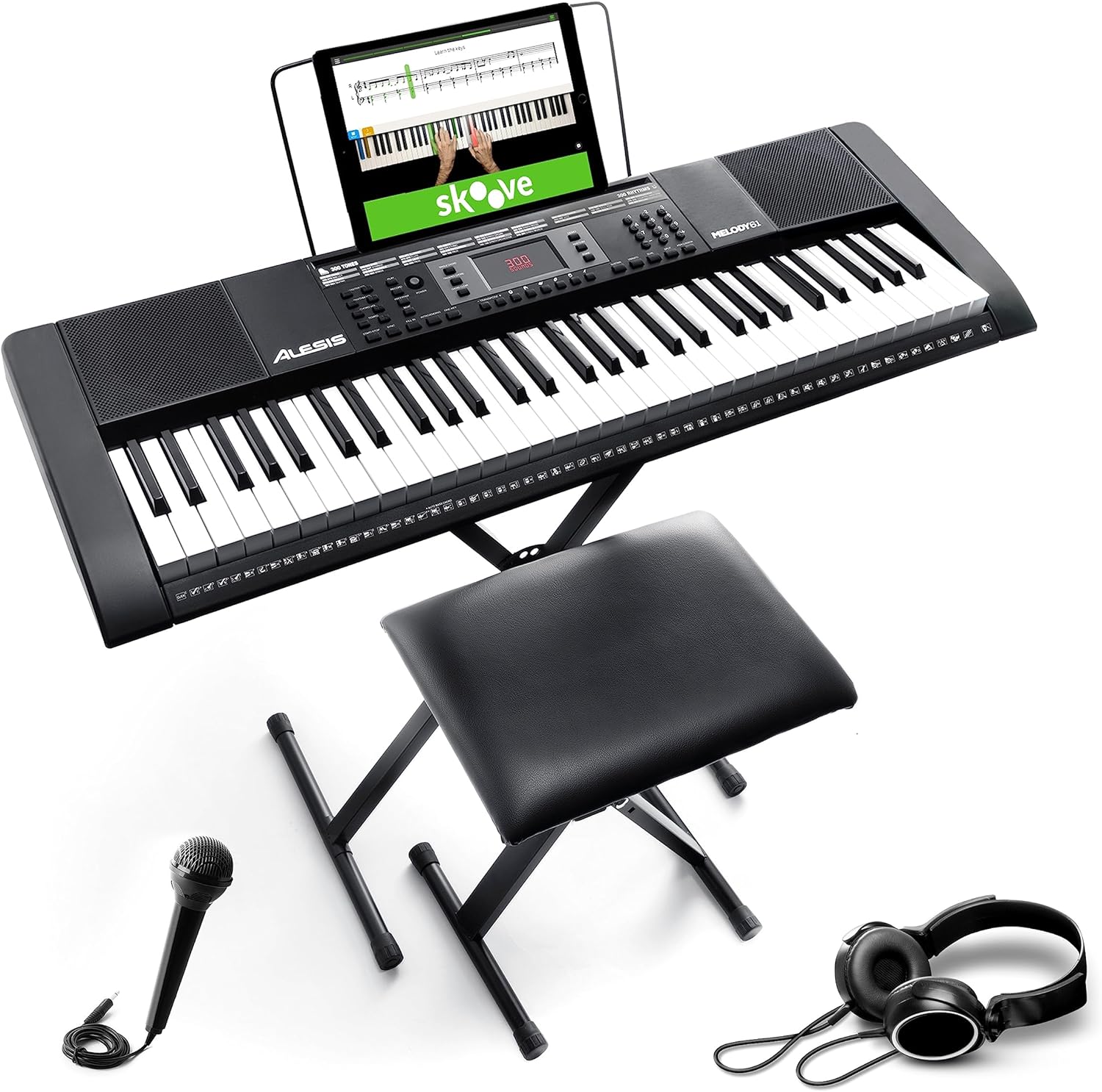 Alesis Melody 61 - Piano eléctrico con 61 teclas, Teclado Musical con altavoces, audífonos, micrófono, soporte para piano, atril y taburete