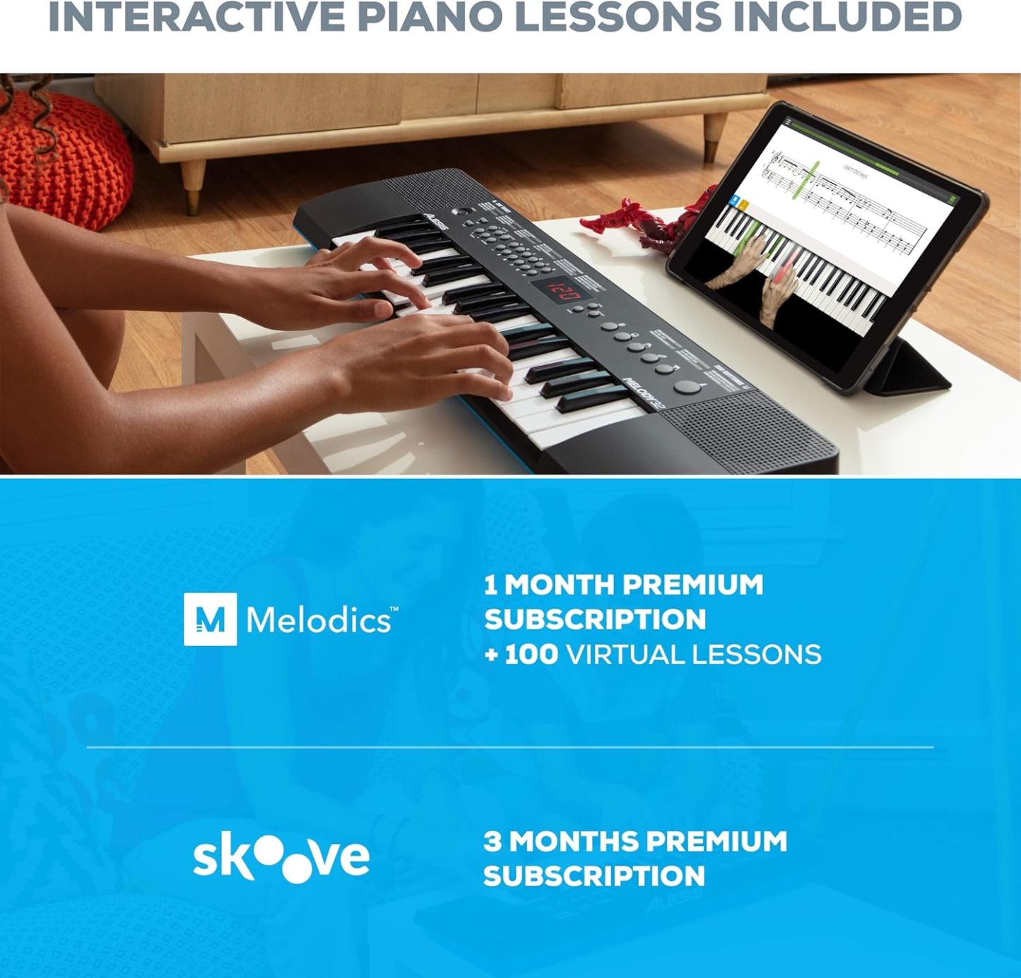 Alesis Melody 61 - Piano eléctrico con 61 teclas, Teclado Musical con altavoces, audífonos, micrófono, soporte para piano, atril y taburete