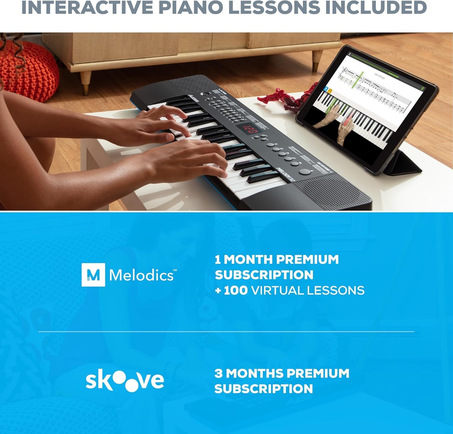 Alesis Melody 61 - Piano eléctrico con 61 teclas, Teclado Musical con altavoces, audífonos, micrófono, soporte para piano, atril y taburete