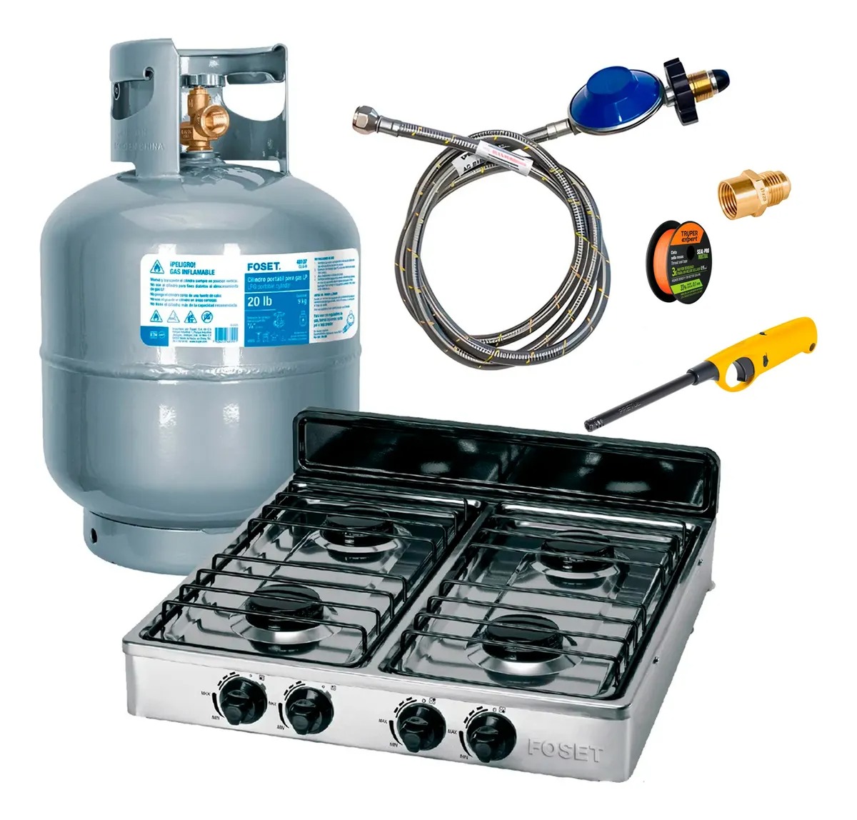 Kit Parrilla De 4 Quemadores, Tanque De Gas 9 Kg Y Regulador Aceroinoxidable