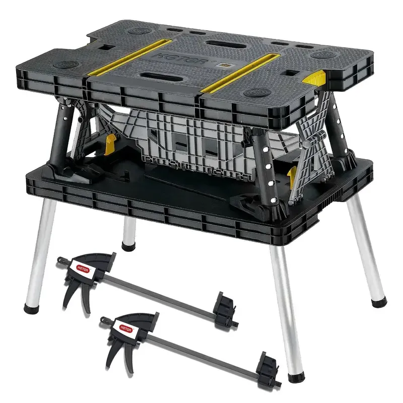 Mesa plegable portátil Keter de alta resistencia para almacenamiento de herramientas, banco de trabajo con caballete y abrazaderas de 30 cm para proyectos de bricolaje y mejoras del hogar. Fabricada en polipropileno y aluminio resistente a la intemperie.