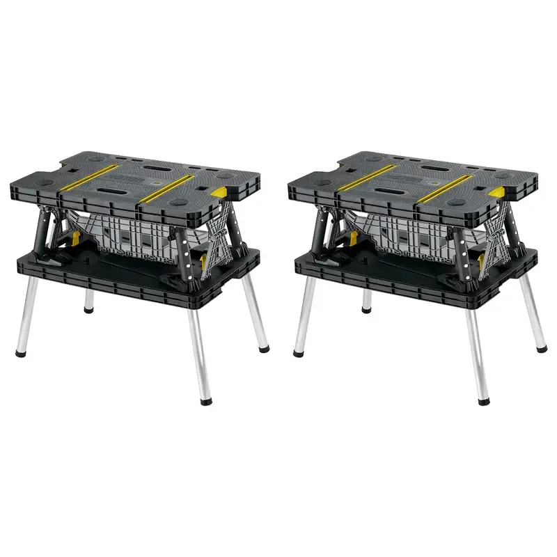 Mesa plegable portátil Keter de alta resistencia para almacenamiento de herramientas, banco de trabajo con caballete y abrazaderas de 30 cm para proyectos de bricolaje y mejoras del hogar. Fabricada en polipropileno y aluminio resistente a la intemperie.