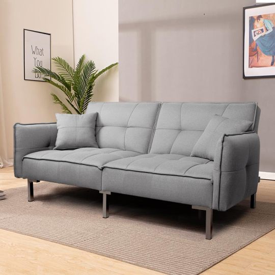 Yaheetech Sofá cama convertible moderno futón sofás, cama plegable y abajo, tela de lino reclinable para sala de estar, color gris-almohada