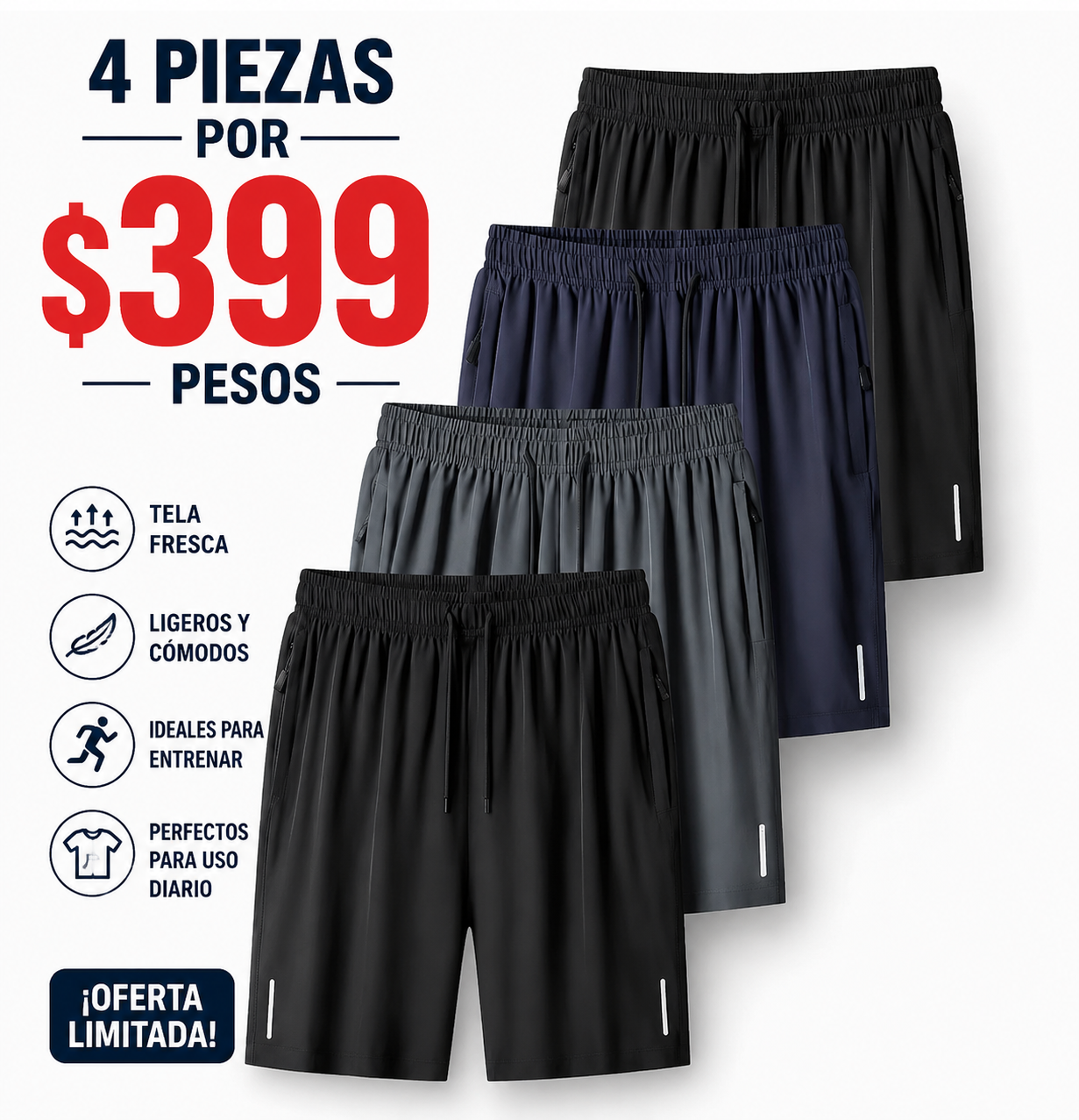 4 piezas Shorts deportivos casuales de verano para hombres, con bolsillos con cremallera - Tela transpirable, diseño atlético con bolsillo resguardado para teléfono y tira reflectante