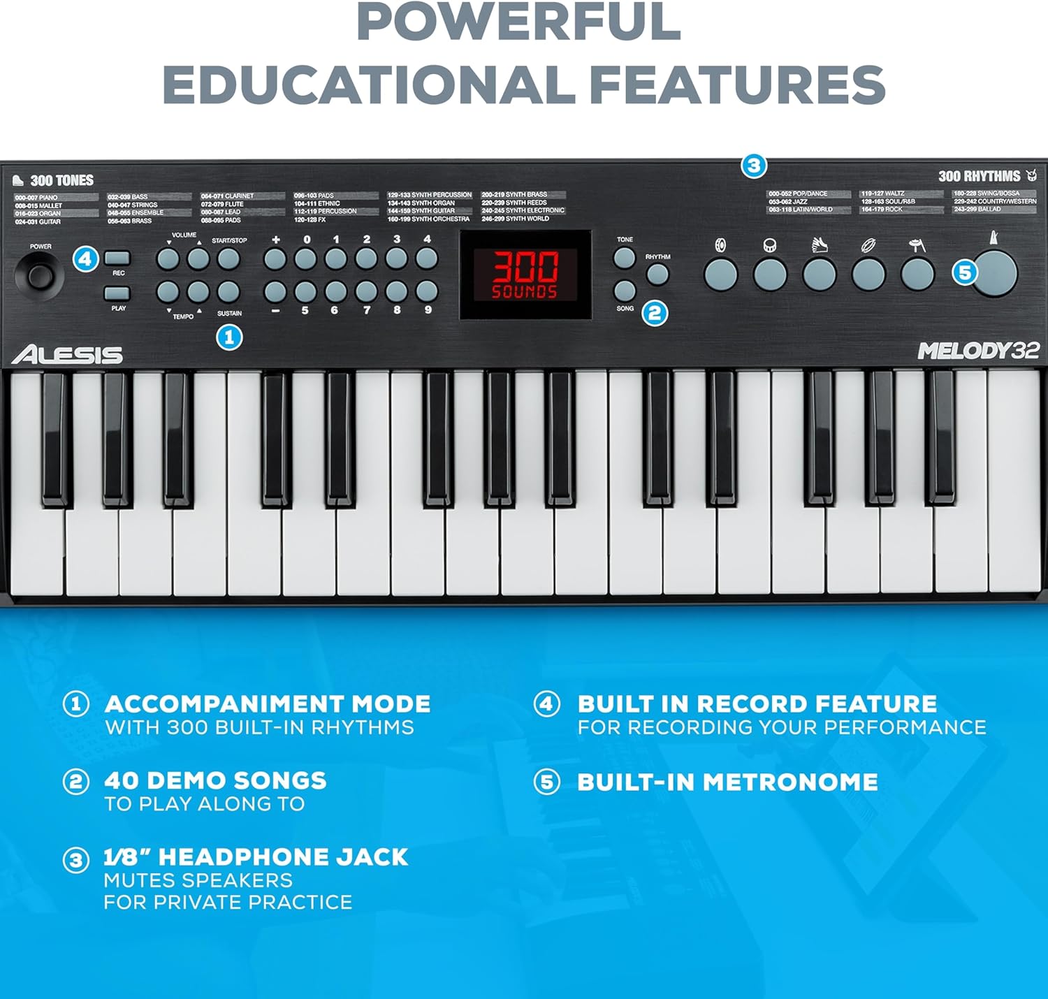 Alesis Melody 61 - Piano eléctrico con 61 teclas, Teclado Musical con altavoces, audífonos, micrófono, soporte para piano, atril y taburete