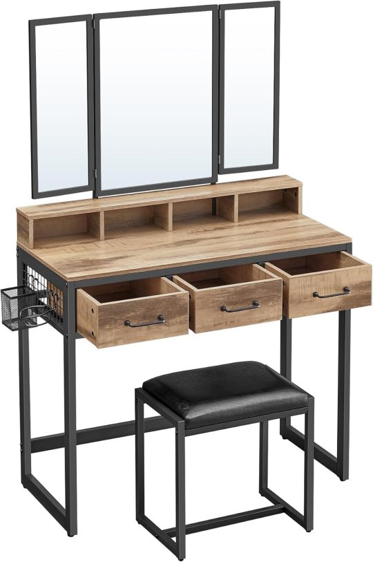 Juego de Mesa de Maquillaje con Espejo Triple, Tocador con Espejo y Taburete, 3 Cajones, Escritorio de Maquillaje, Soporte para Secador, Industrial, Marrón Rústico y Negro RVT004B01