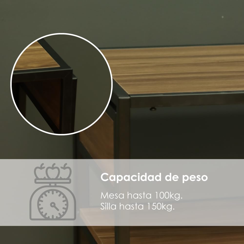 Juego de Comedor Industrial de Madera y Metal | Mesa con Sillas o Bancas | Set para 2 o 4 Personas (4 Sillas - Set para 4 Personas)