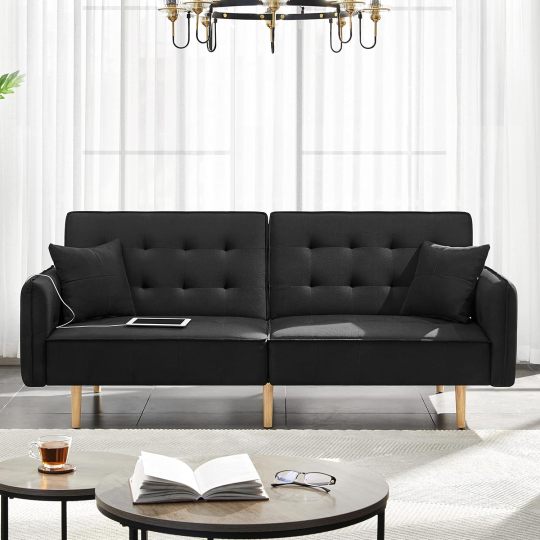 Yaheetech Sofá cama convertible moderno futón sofás, cama plegable y abajo, tela de lino reclinable para sala de estar, color gris-almohada