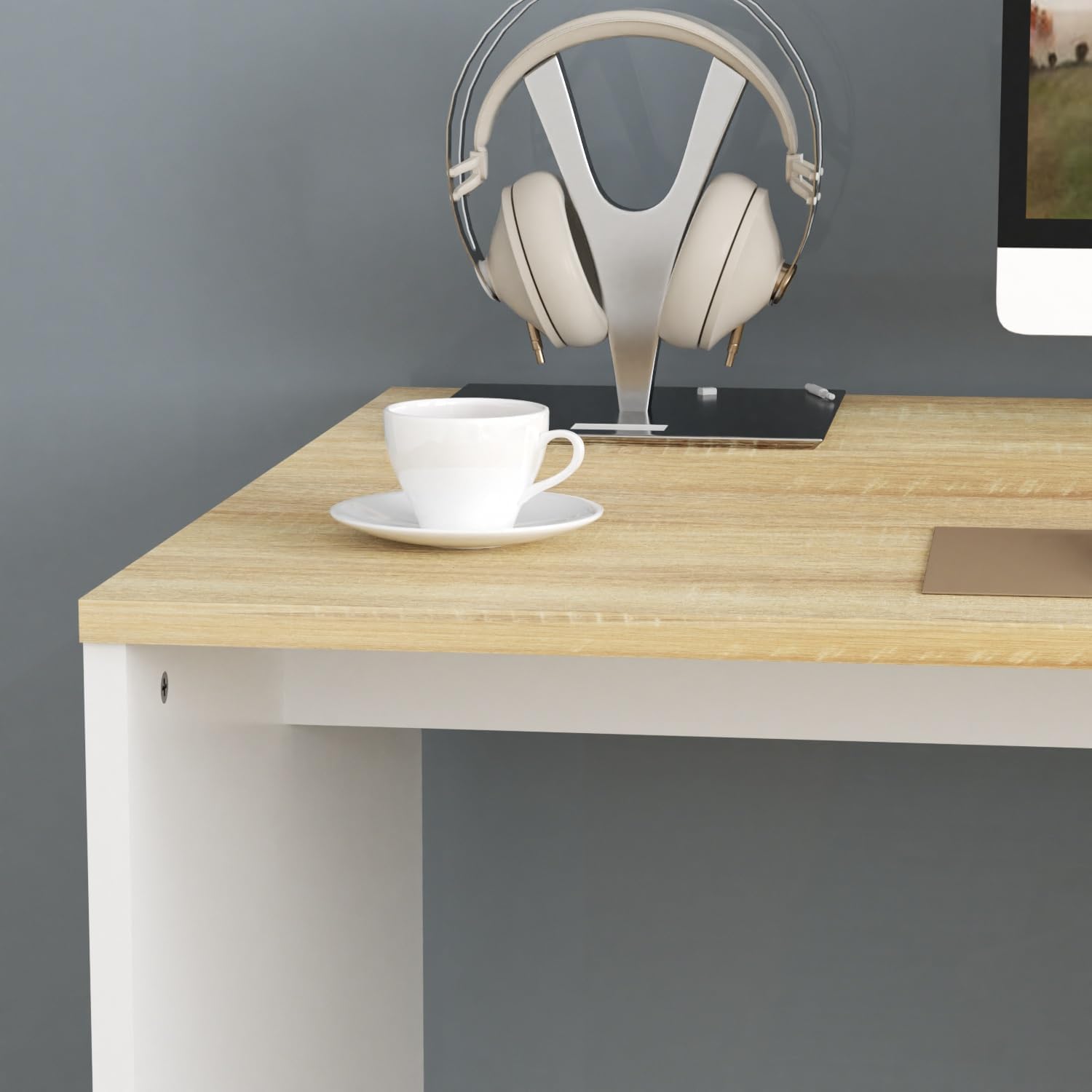 FurnitureR Escritorio para Computadora de Oficina con Almacenamiento Escritorio de Trabajo y Estudio con 5 Estantes Mesa Portátil para Estudiantes Escritorio de Escritura Moderno Haya y Blanco-Bolígrafo de carbono metálico, bolígrafo de firma negro.