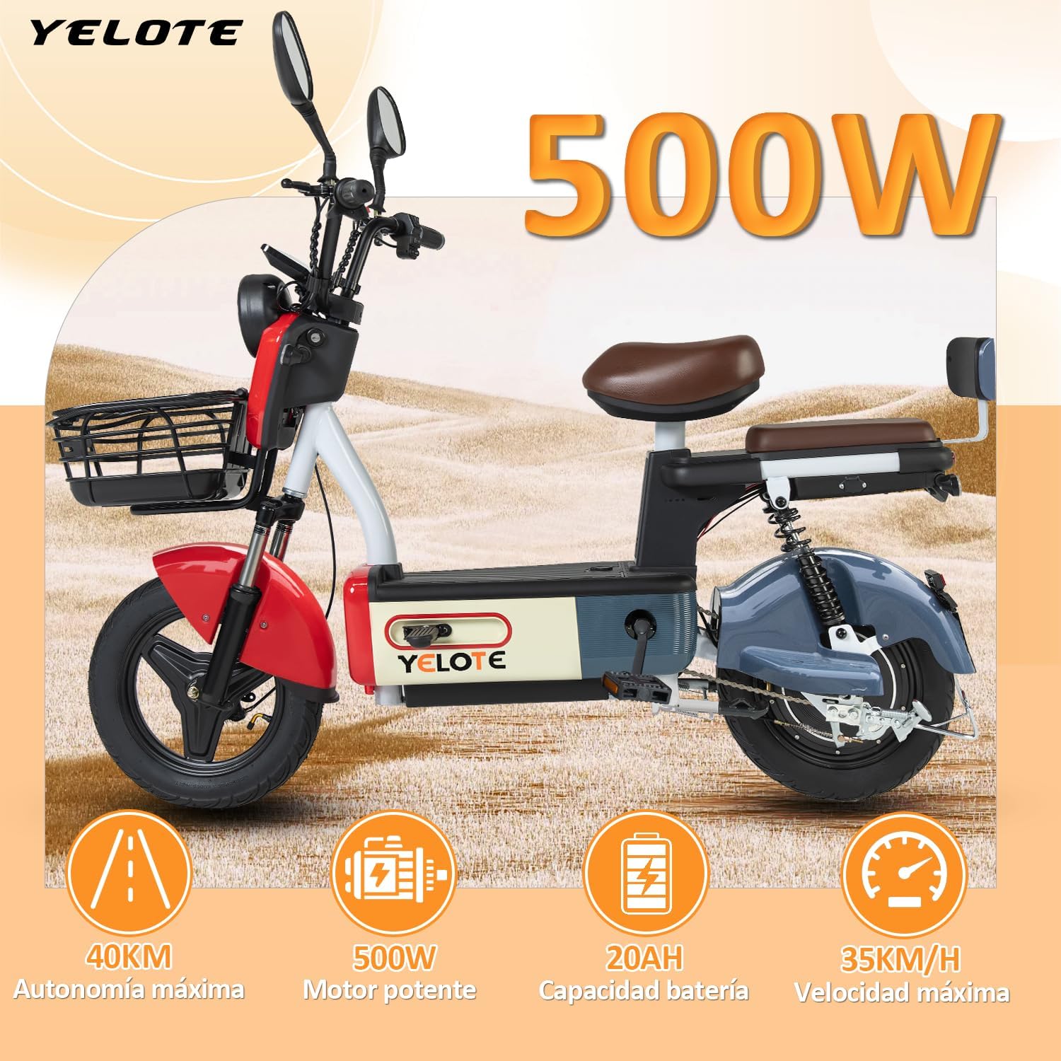 Bicicleta Electrica Moto Electrica Velocidad Máxima 35KM/H,Autonomía 40-45KM,Baterías de Gran Capacidad de 20AH con Alarma