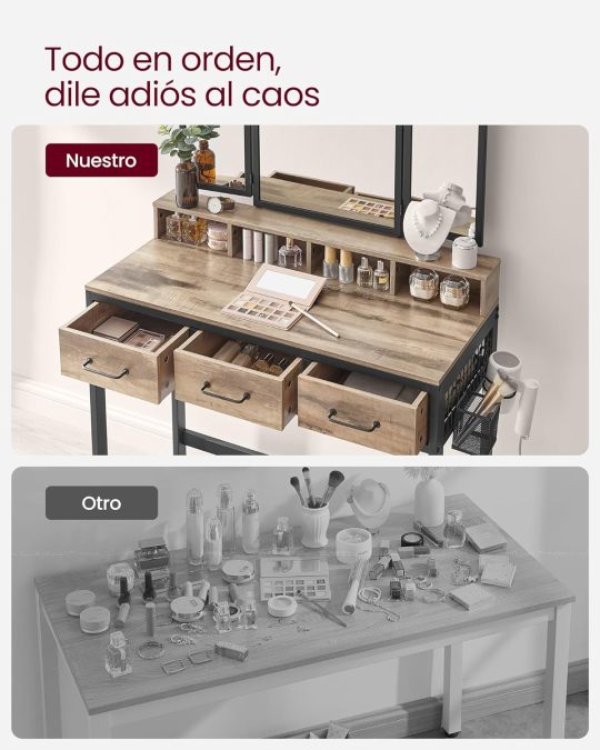 Juego de Mesa de Maquillaje con Espejo Triple, Tocador con Espejo y Taburete, 3 Cajones, Escritorio de Maquillaje, Soporte para Secador, Industrial, Marrón Rústico y Negro RVT004B01