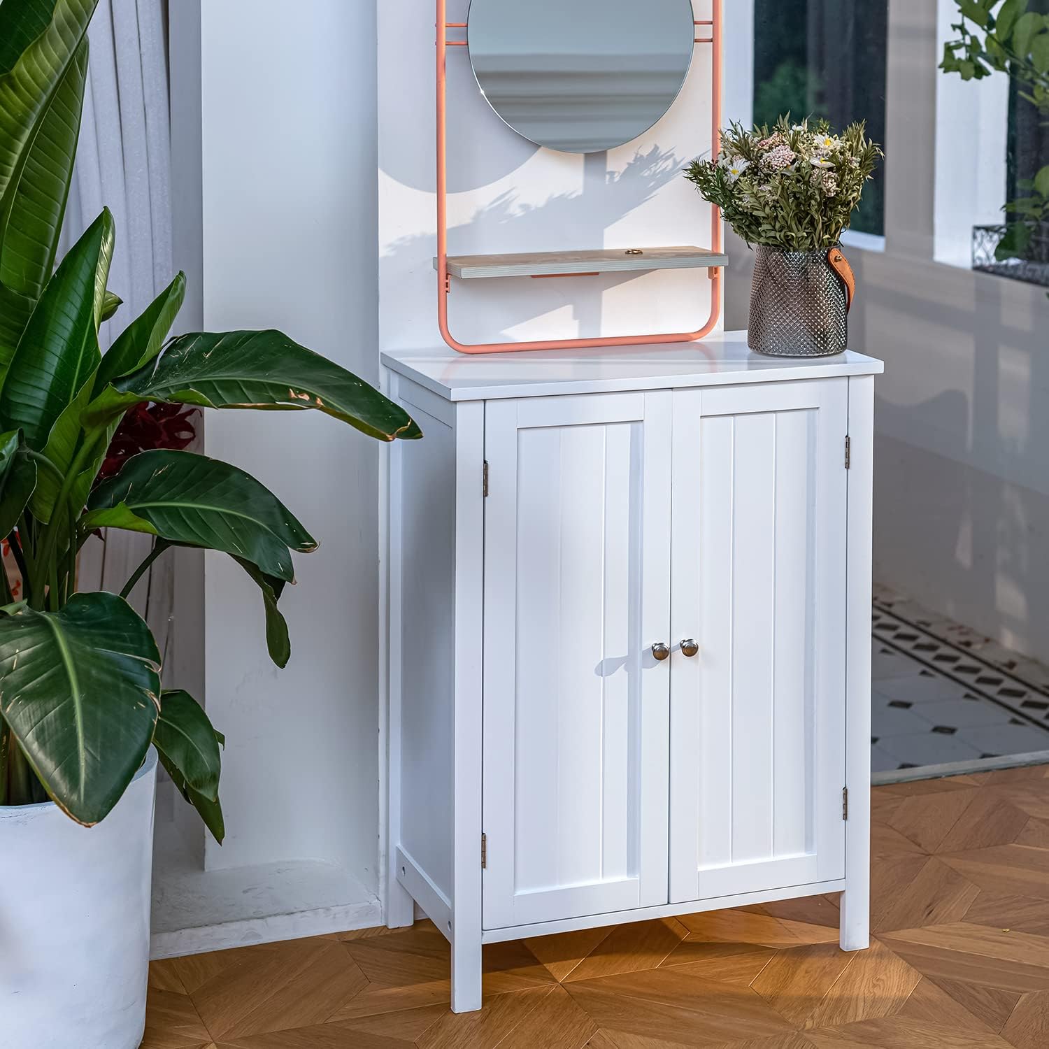 Gabinete de Almacenamiento para Piso de Baño con Puerta Doble, Estante Ajustable, para Baño, Sala de Estar, Cocina, Estilo Nórdico Escandinavo, Fácil Montaje