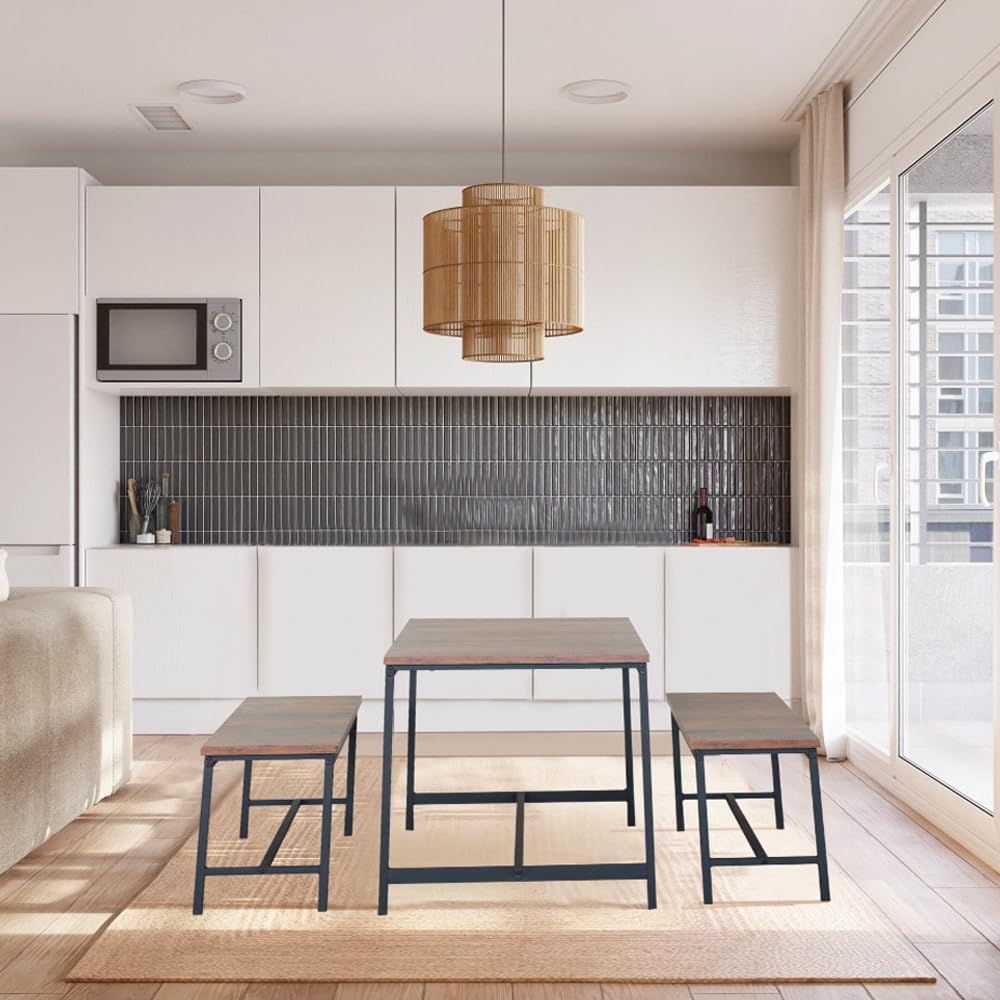 Juego de Comedor Industrial de Madera y Metal | Mesa con Sillas o Bancas | Set para 2 o 4 Personas (4 Sillas - Set para 4 Personas)