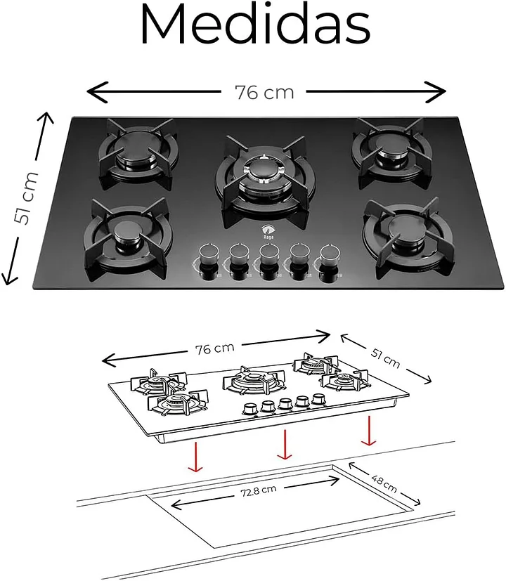Raganet, Parrilla de Gas con 5 Quemadores, de Cristal Templado, Encendido Eléctrico, Estufa Empotrable y De Mesa, Compatible con Gas Natural y Gas LP Medidas: 88cm Largo X 51cm Ancho X 11cm Alto