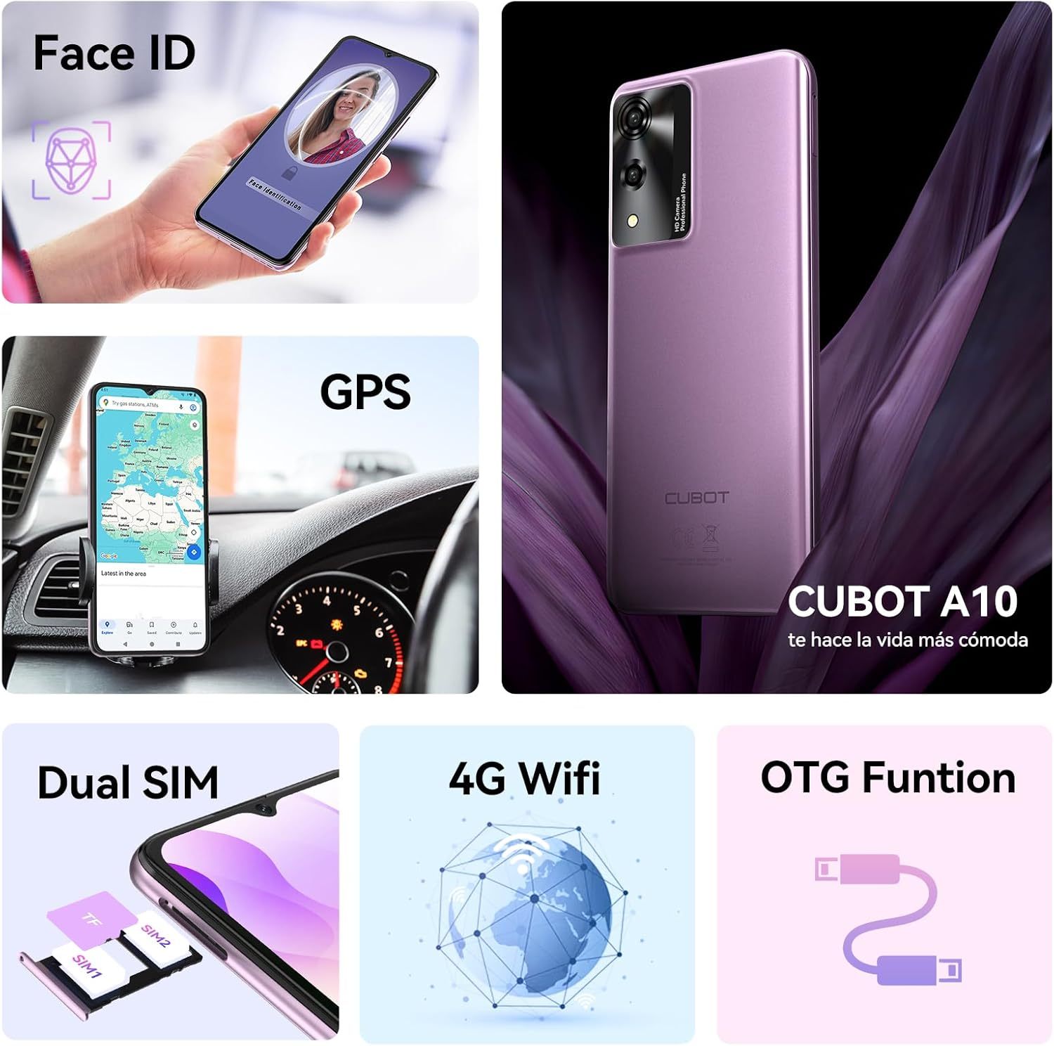 CUBOT Celular A10, Android 14 Smartphone Desbloqueado con Batería de 5100mAh,12(4+8 Extendido) GB RAM 128GB ROM,6.56" HD+ Pantalla Teléfono 48MP Principal Cámara,90Hz/5G WiFi/Face ID