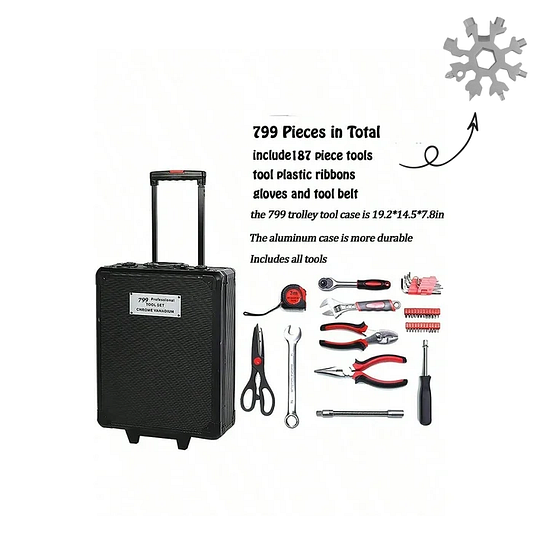 Arcwares 799pcs Aluminum Trolley Case Tool Set Silver, House Repair Kit Set, Household Hand Tool Set, with Tool Belt,Gift on Father's Day (Black)