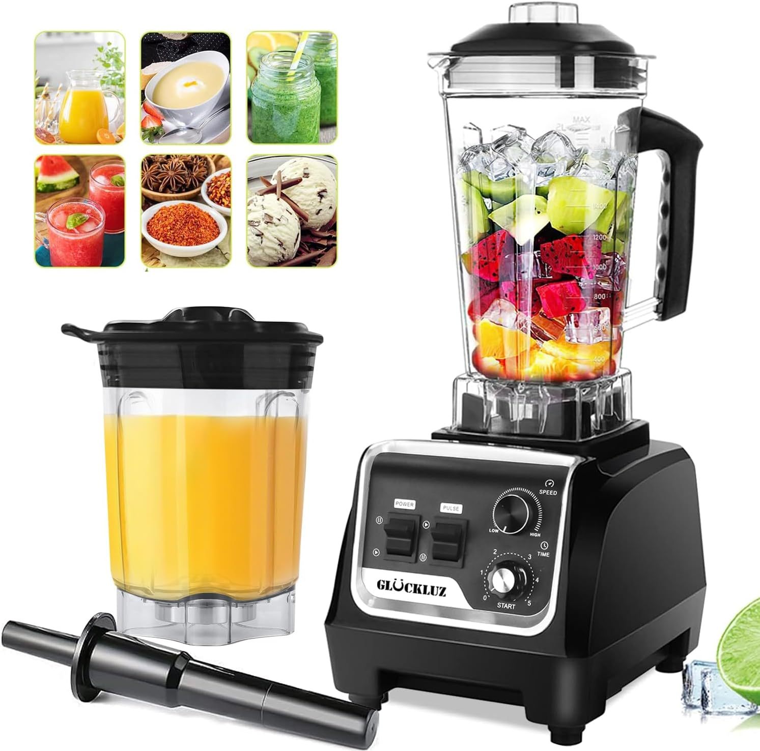 Glückluz Licuadora Profesional Uso Rudo 1800W 2L+Adicional 800ml, Doméstico Comercial Industrial Batidora de Verduras Extractor de Velocidad Ajustable y Hielo Picado a Fondo Extractora