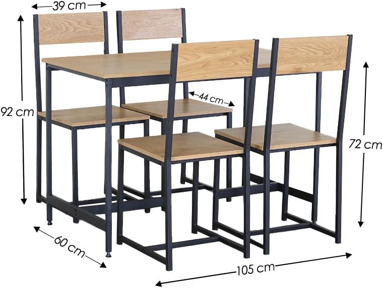 Juego de Comedor Industrial de Madera y Metal | Mesa con Sillas o Bancas | Set para 2 o 4 Personas (4 Sillas - Set para 4 Personas)