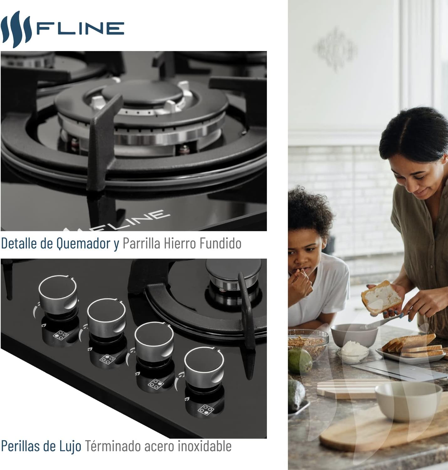 FLINE Parrilla de Gas Empotrable 4 Quemadores | Vidrio Templado | Estufa Eléctrica Empotrable | Parrilla Inducción | Estufas de Gas de Mesa | Quemadores, 4 Parrillas