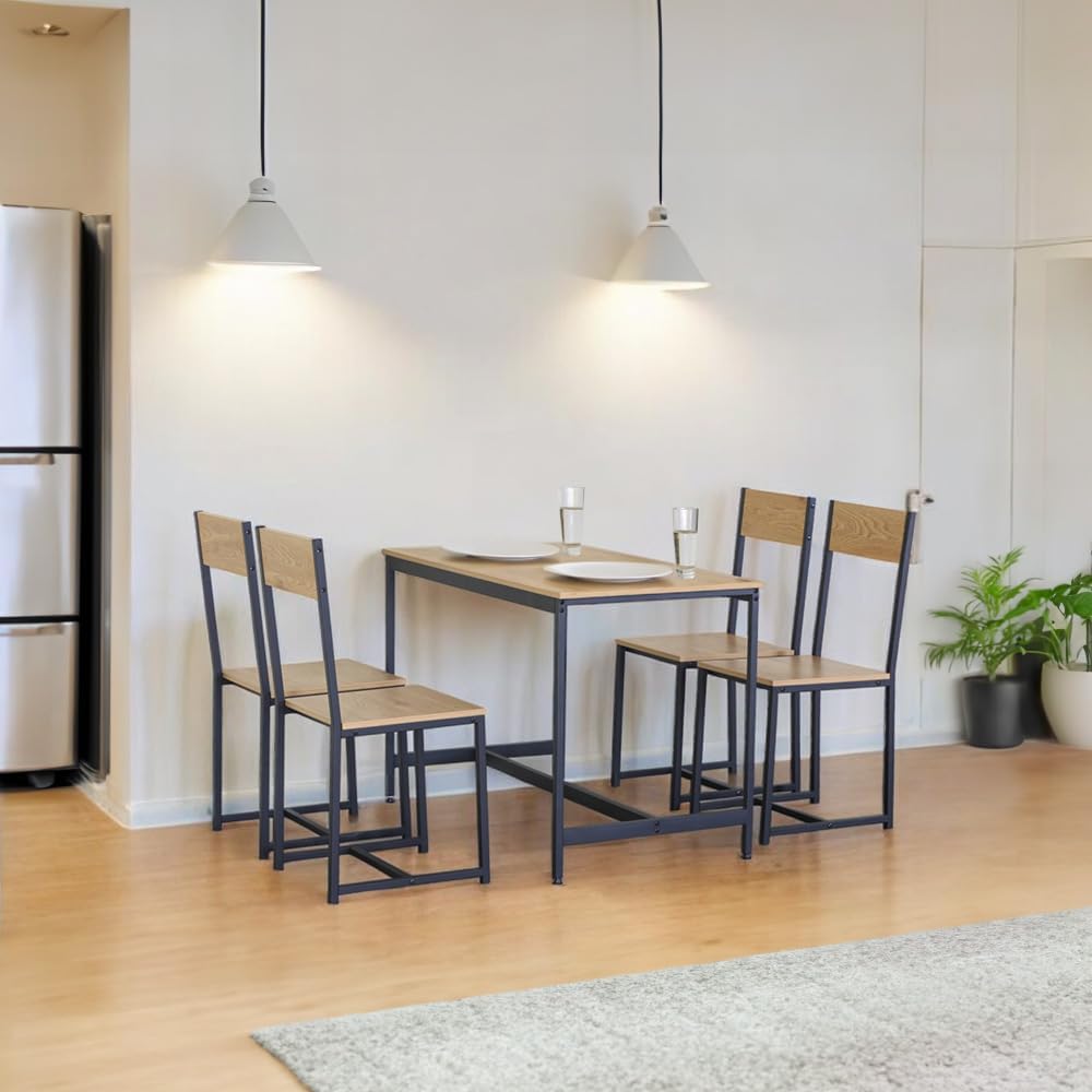 Juego de Comedor Industrial de Madera y Metal | Mesa con Sillas o Bancas | Set para 2 o 4 Personas (4 Sillas - Set para 4 Personas)