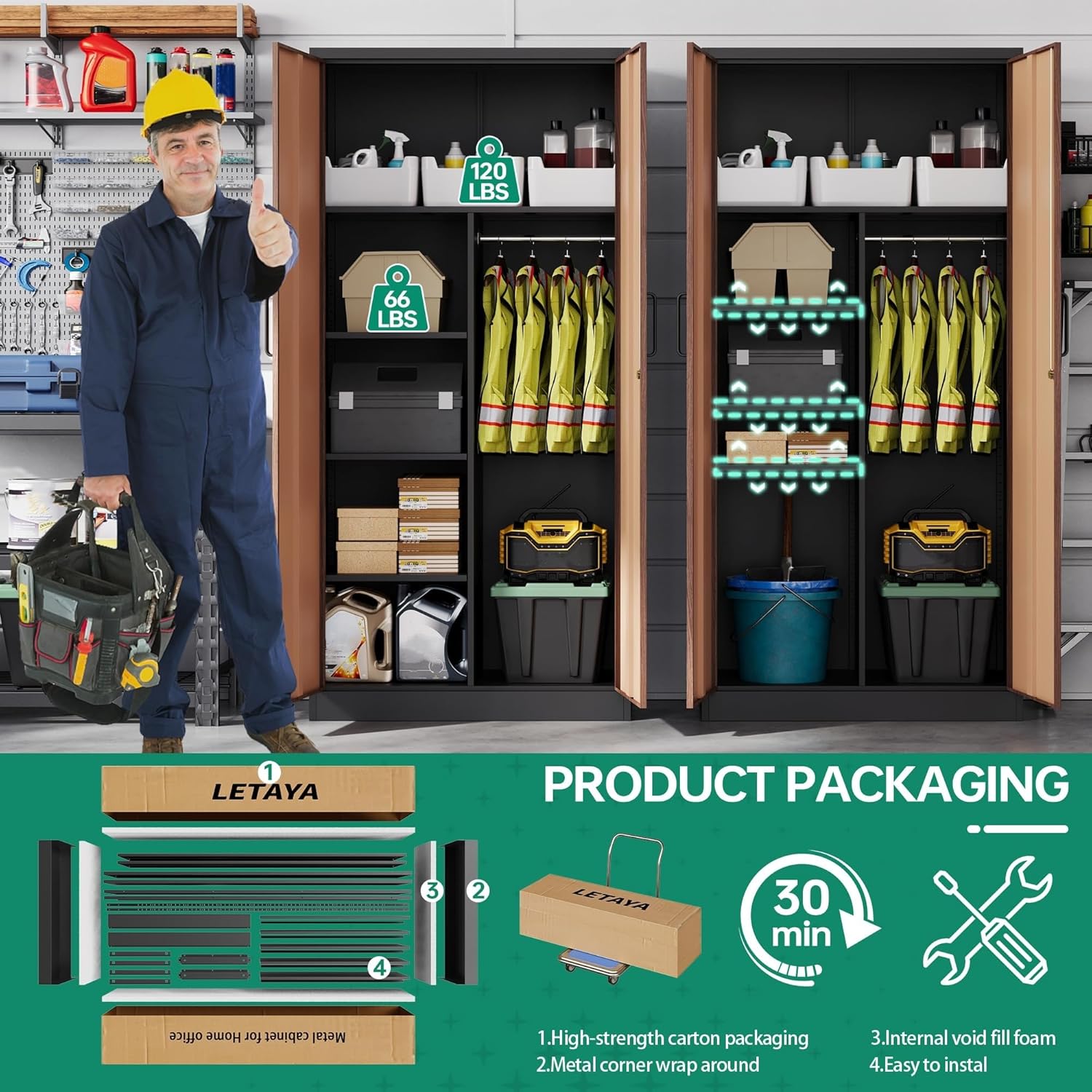 Letaya - Armarios de almacenamiento de metal, 72 pulgadas, clóset de acero con puerta de bloqueo para oficina, hogar, escuela, gimnasio, departamento de bomberos, hotel (color de grano de madera)