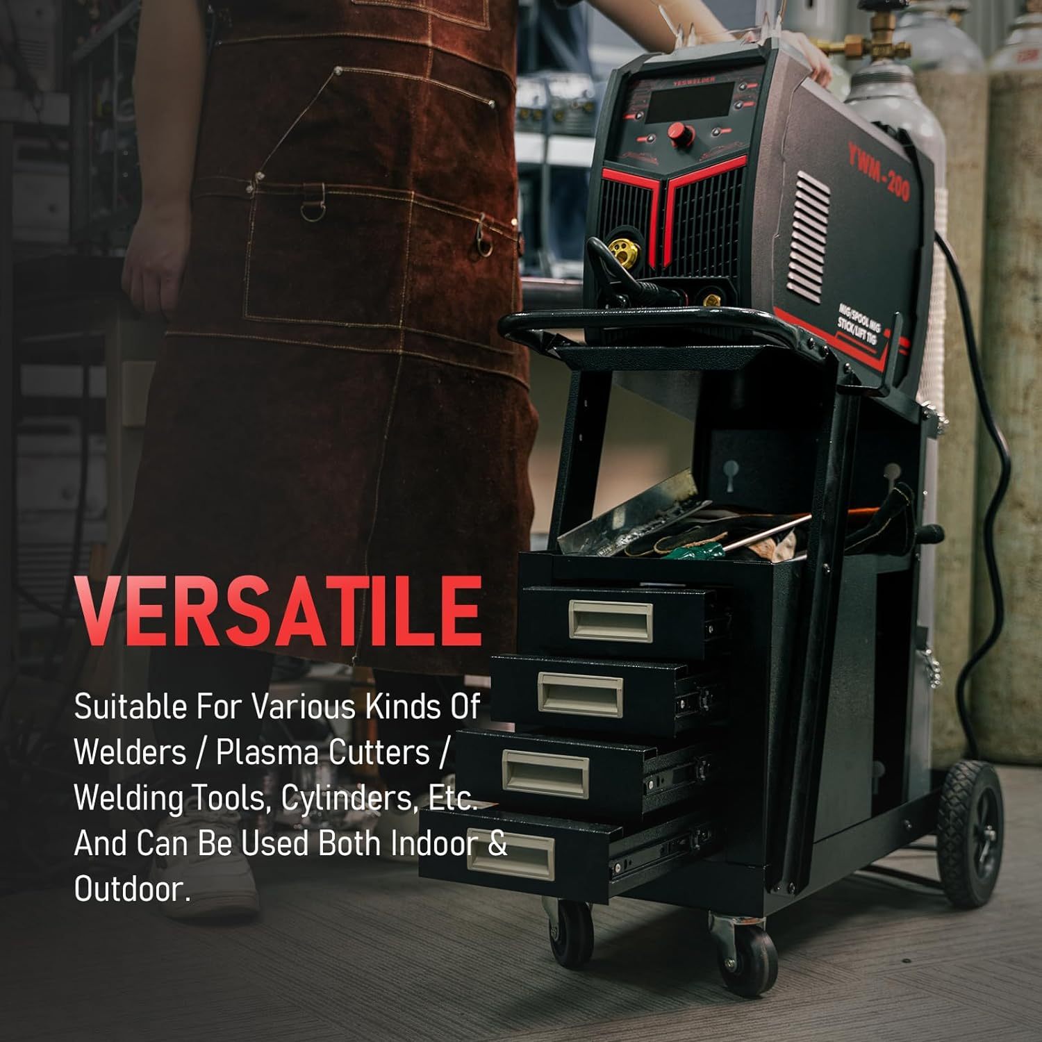 YESWELDER Carro de soldadura con 4 cajones para soldador MIG TIG y cortador de plasma, resistente y de gran capacidad de almacenamiento 360°