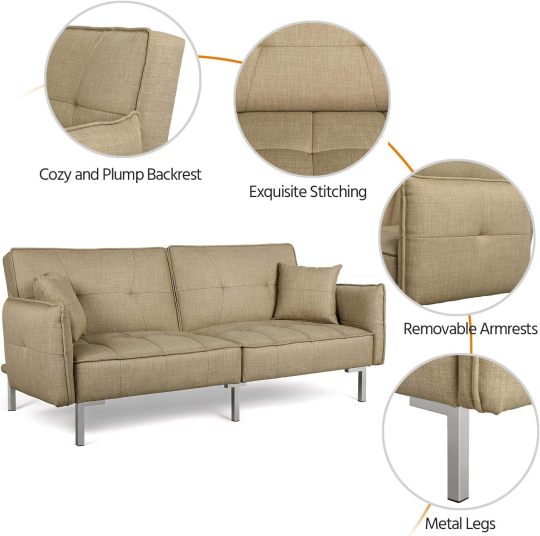 Yaheetech Sofá cama convertible moderno futón sofás, cama plegable y abajo, tela de lino reclinable para sala de estar, color gris-almohada