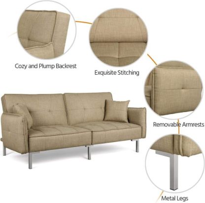 Yaheetech Sofá cama convertible moderno futón sofás, cama plegable y abajo, tela de lino reclinable para sala de estar, color gris-almohada
