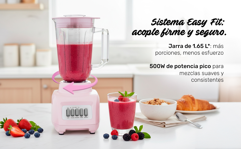 sistema easy fit, licuadora, segura, rosa