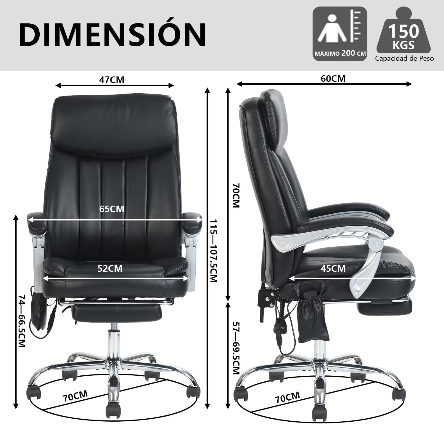 Silla Oficina Masaje con Respaldo Alto y 6 Puntos Masaje, Silla Escritorio Ejecutiva Ergonómica con Reposapiés y Apoyabrazos, Altura del Asiento Ajustable, Negro