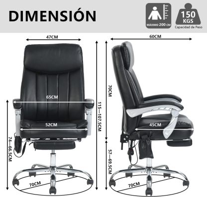 Silla Oficina Masaje con Respaldo Alto y 6 Puntos Masaje, Silla Escritorio Ejecutiva Ergonómica con Reposapiés y Apoyabrazos, Altura del Asiento Ajustable, Negro