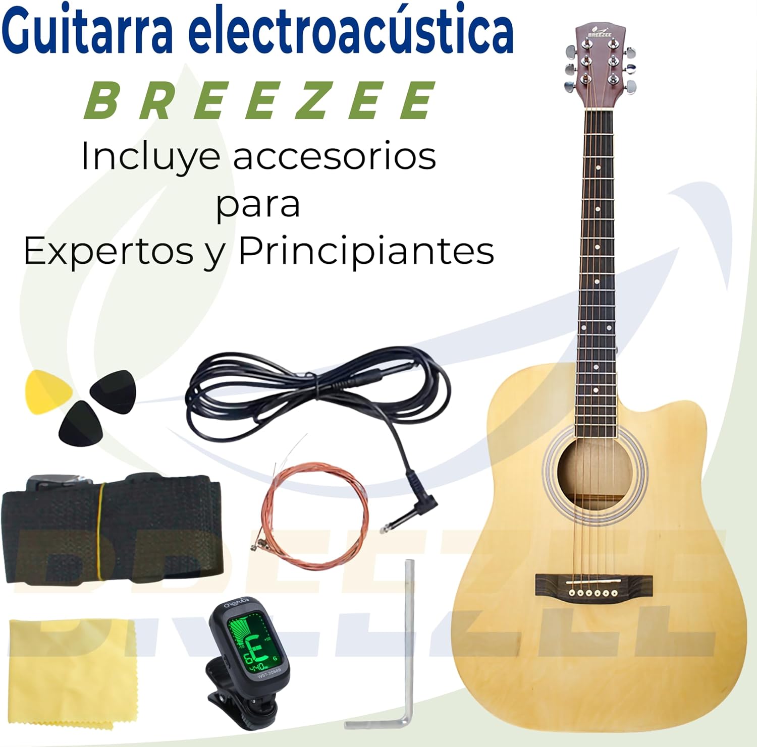 BREEZEE Guitarra Electroacústica de 41 Pulgadas con Cuerdas de Metal, Ecualizador de 4 Bandas, Incluye Funda, Afinador, Cuerdas Extra, Cable Auxiliar y Más, Guitarra Para Expertos Y Principiantes