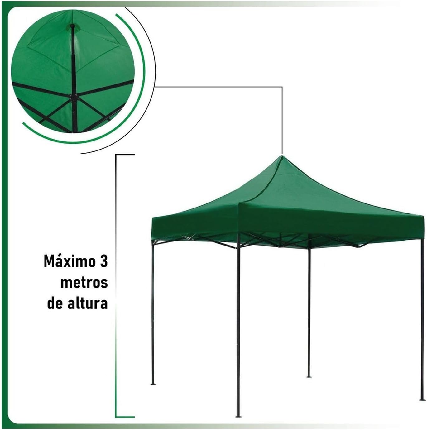 RACK & PACK Carpa 3x3 para Exteriores Lona Jardin Toldo Retractil Estructura de Acero Plegable 3 Ajustes de Altura Impermeabilidad 600D Premium Campismo Facil Armado Fiesta Reunión (Verde)