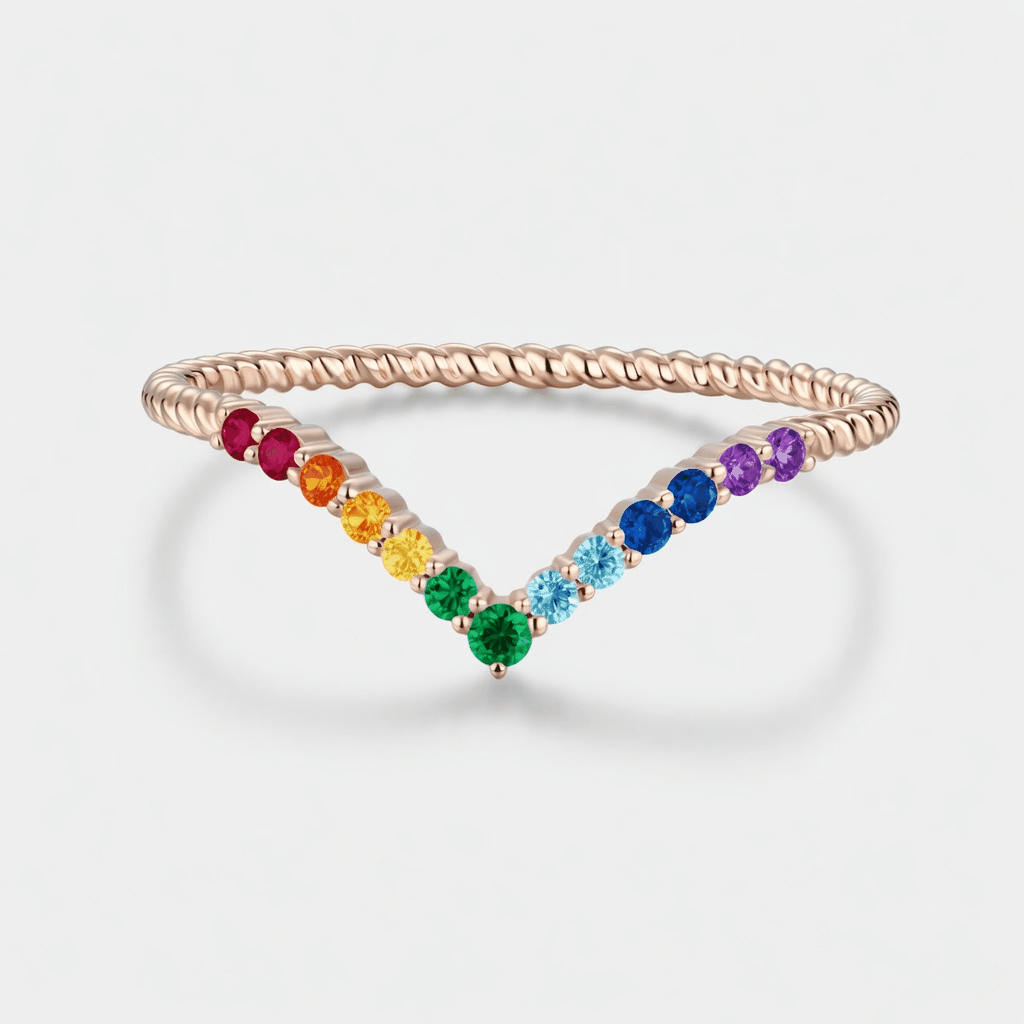 Lucky Gemstones | Round Cut   V-shaped Moissanite Curved Wedding Band | Delicate Rose Gold Twisted Band for Her | Minimalist Design