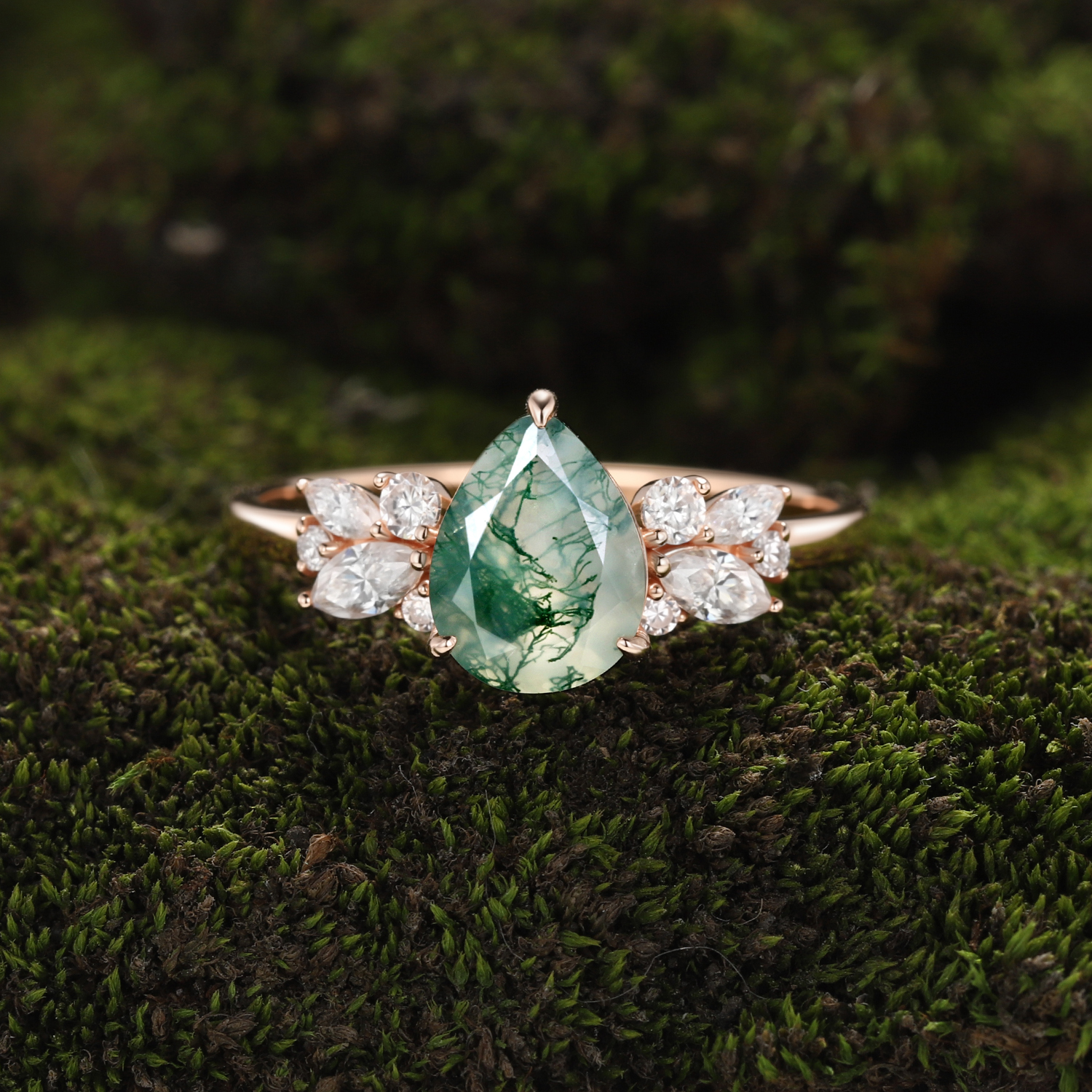 Natural Moss Agate Pear-Shaped Ring | Surrounded by Moissanite Leaves | Nature-Inspired Engagement Ring-GLR0019