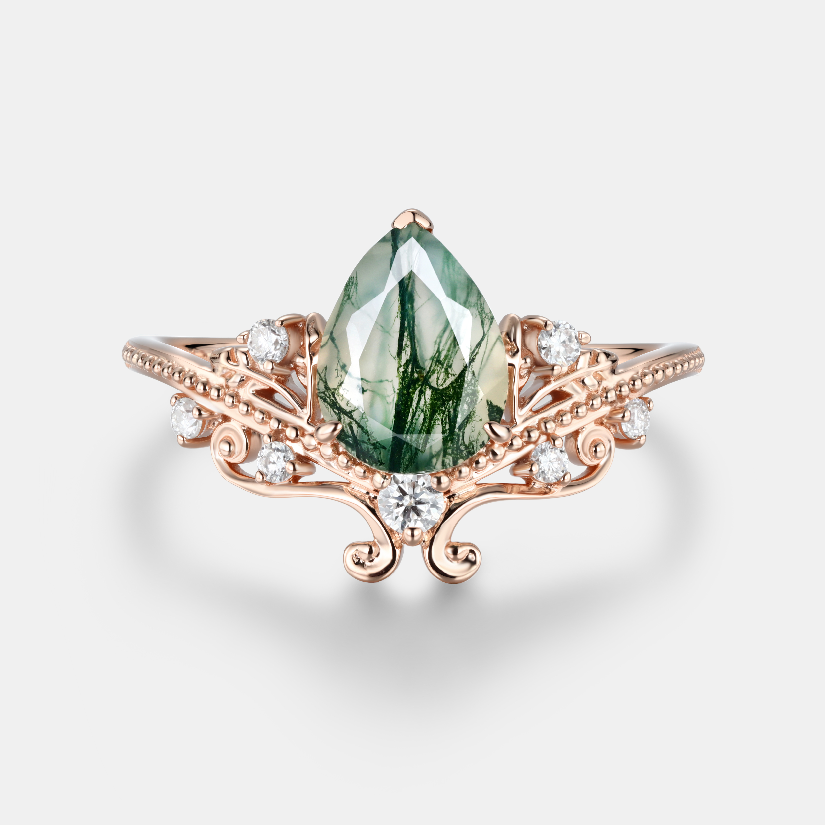 Rose Gold Natural Pear Cut Moss Agate Art Nouveau Ring with Vine Milgrain Accents | Luxurious Vintage Engagement Ring
