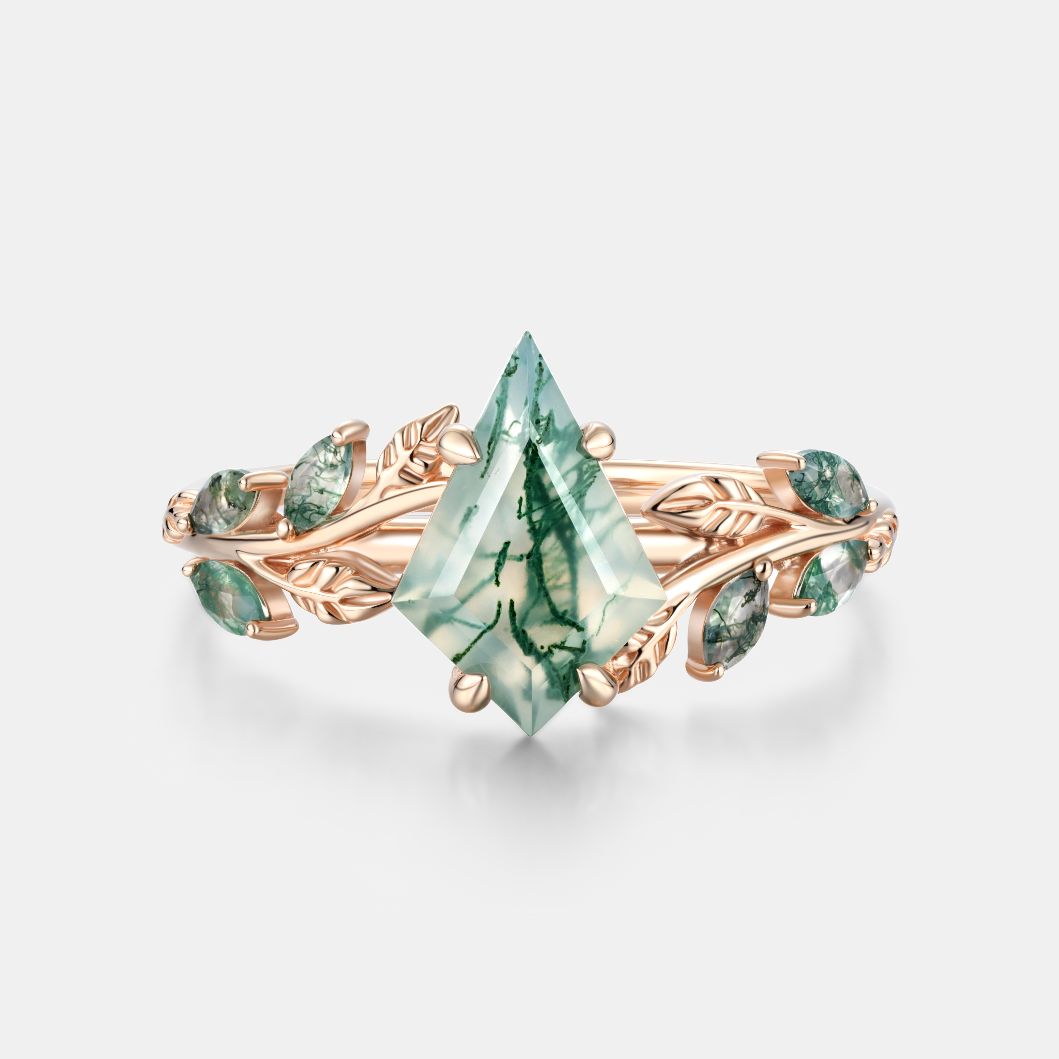 Lucky Gemstone | Kite Cut Natural Moss Agate Engagement Ring | Rose Gold Natural-Inspired Design Band | Moss Agate Accents