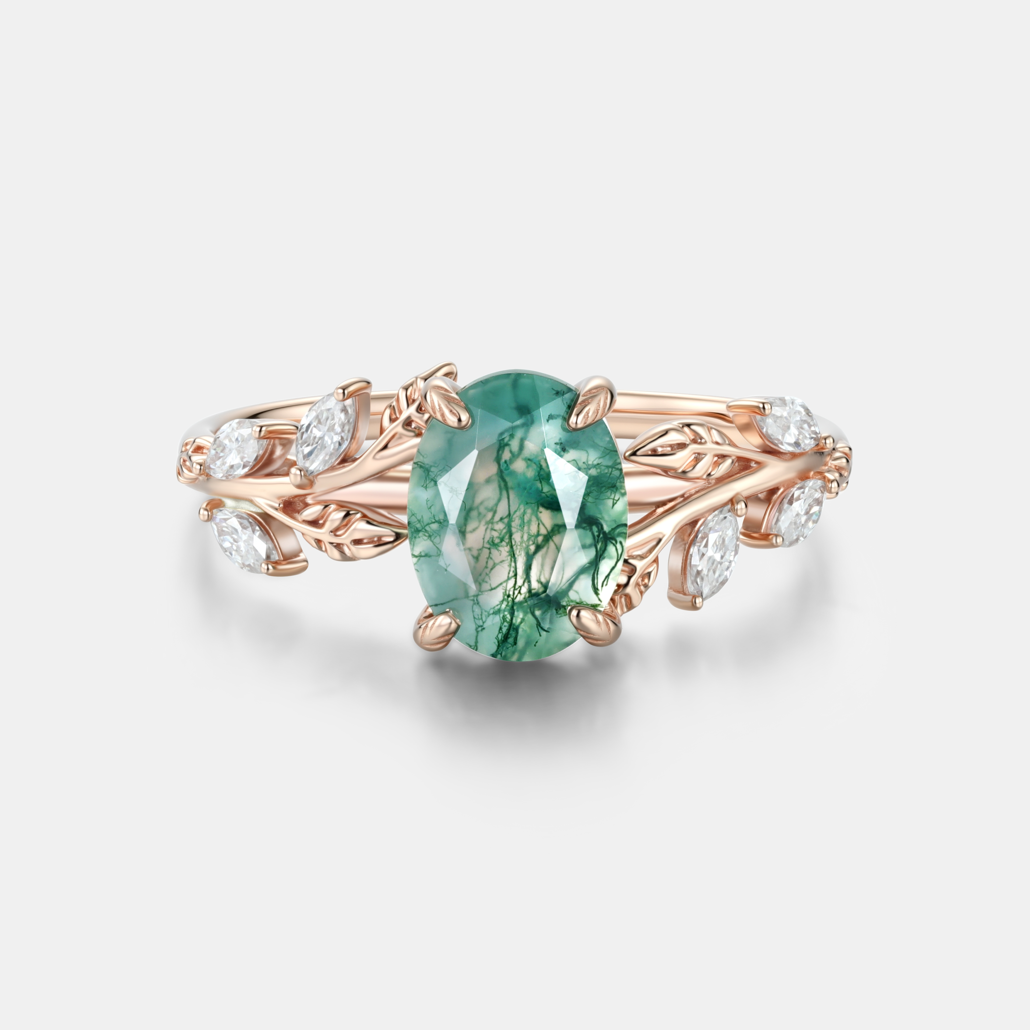 Lucky Gemstone | Oval Cut Natural Moss Agate Engagement Ring | Rose Gold Moissanite Cluster Band | Natural-Inspired Design