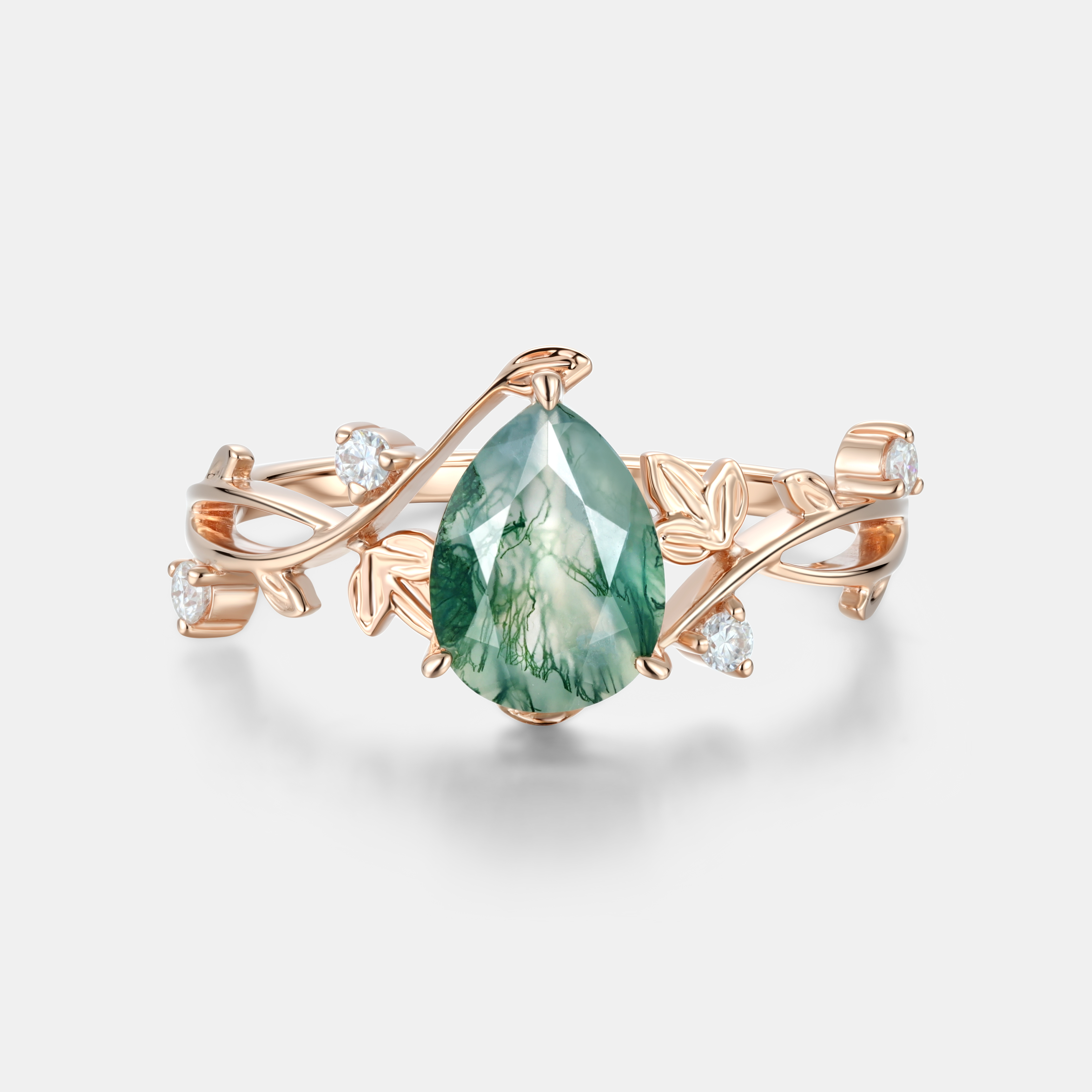 Lucky Gemstone Pear Cut Moss Agate Engagement Ring Moissanite Accent Rose Gold Vine Foliage Band