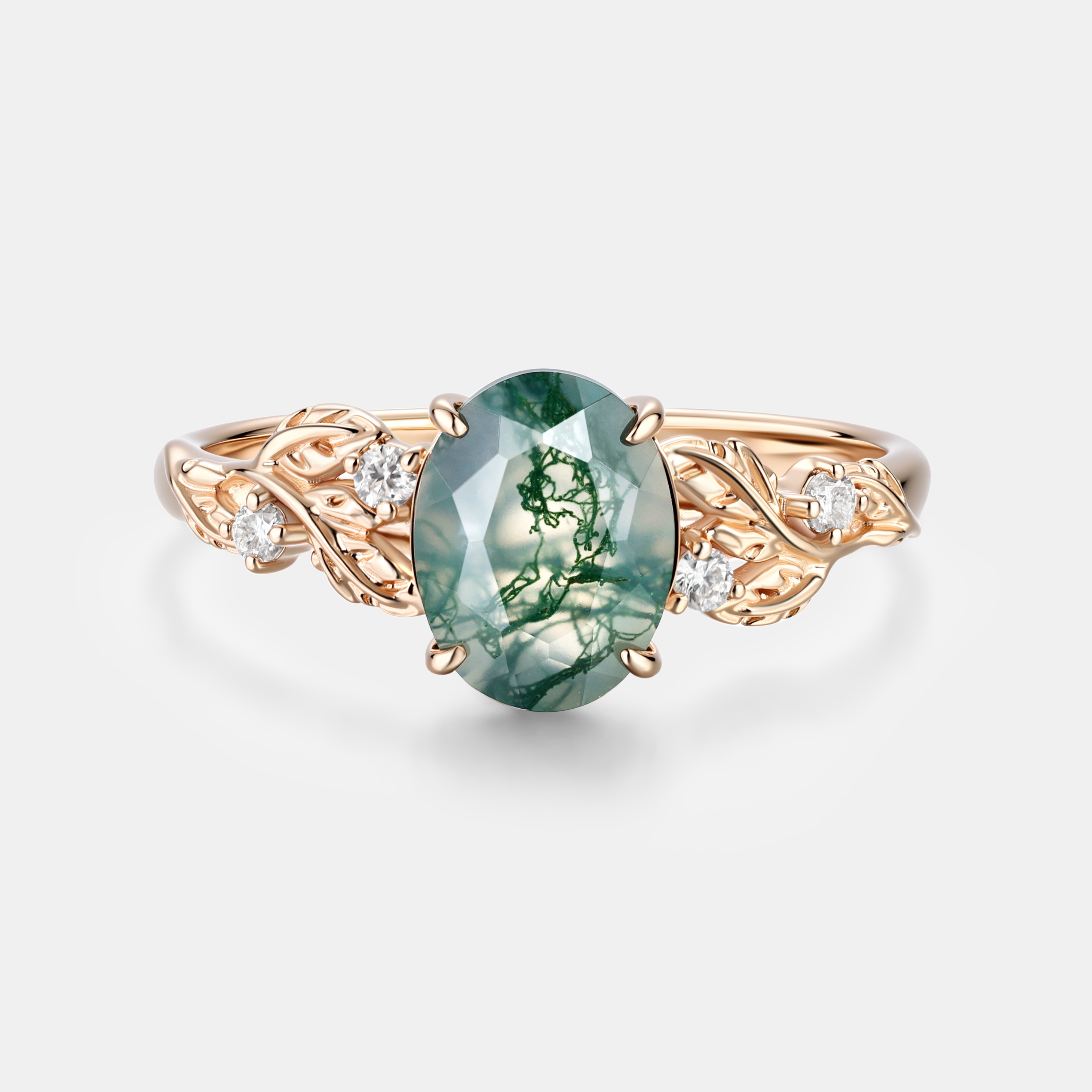 Rose Gold Natural Oval Cut Moss Agate Vine Leaf Ring with Diamond Foliage | Nature Artistic Engagement Ring