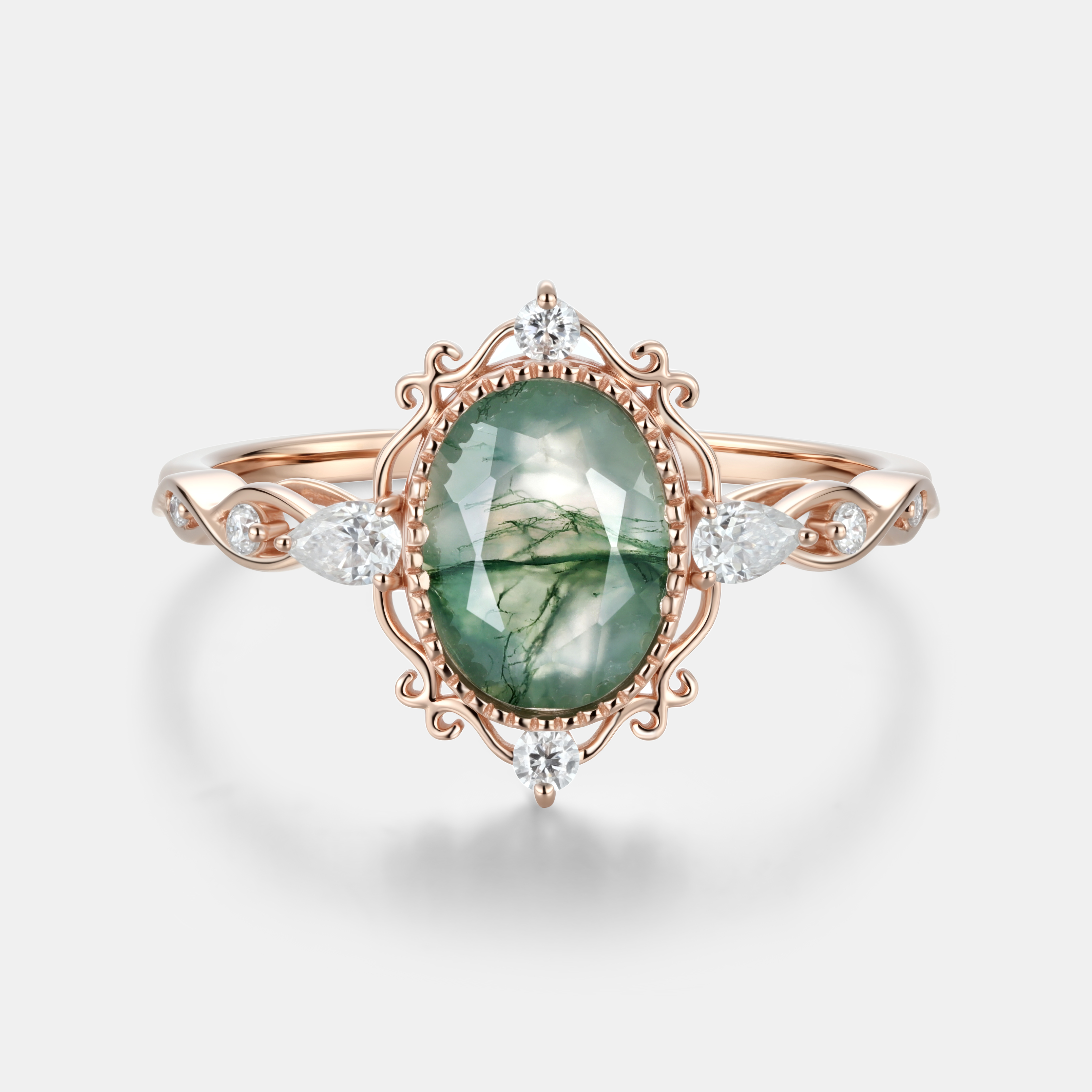 Lucky Gemstone | Oval Cut Moss Agate Engagement Ring | Rose Gold Natural Inspired Band with Moissanite Accent 