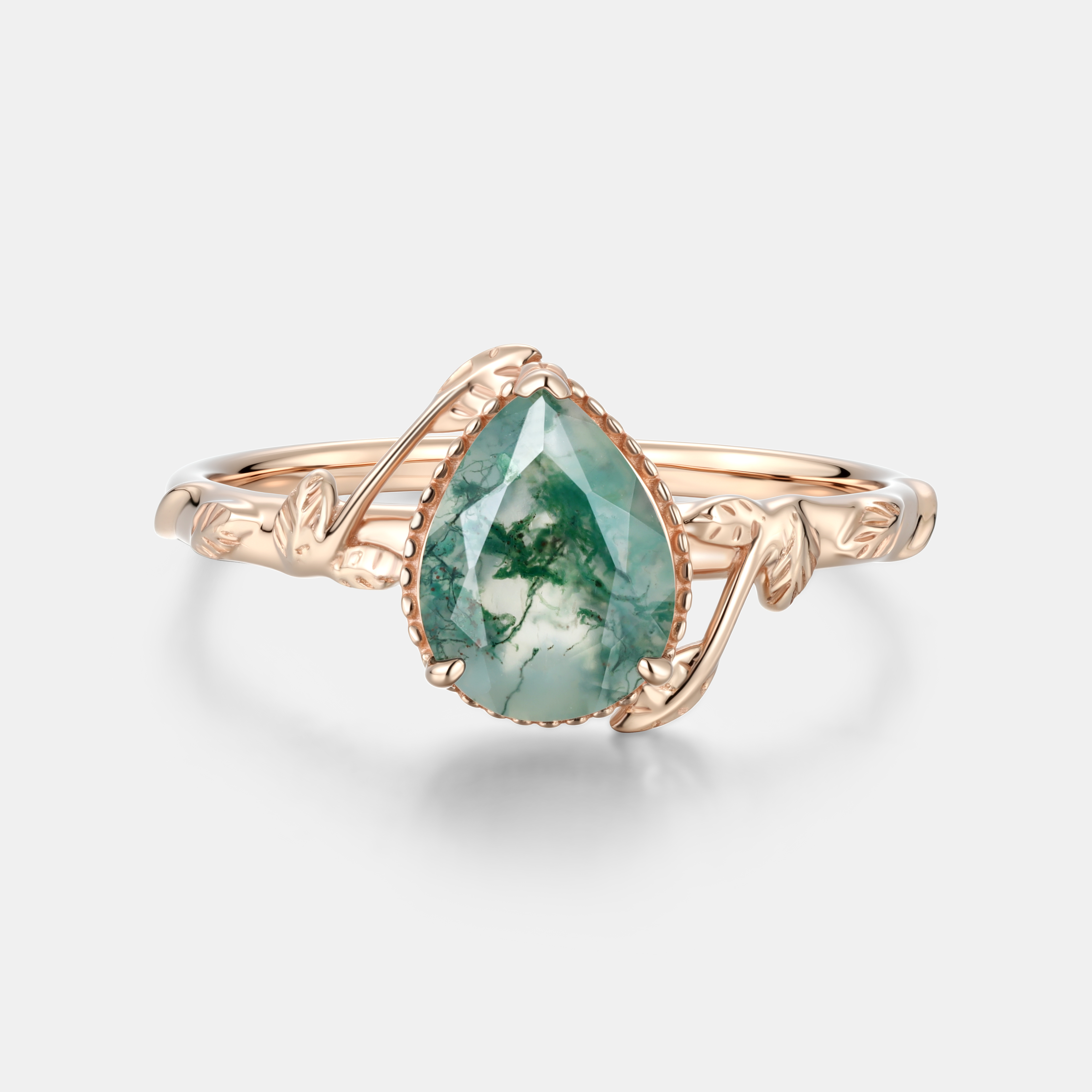Lucky Gemstone | Pear Cut Moss Agate Engagement Ring | Rose Gold Milgrain Natural Inspired Design Band