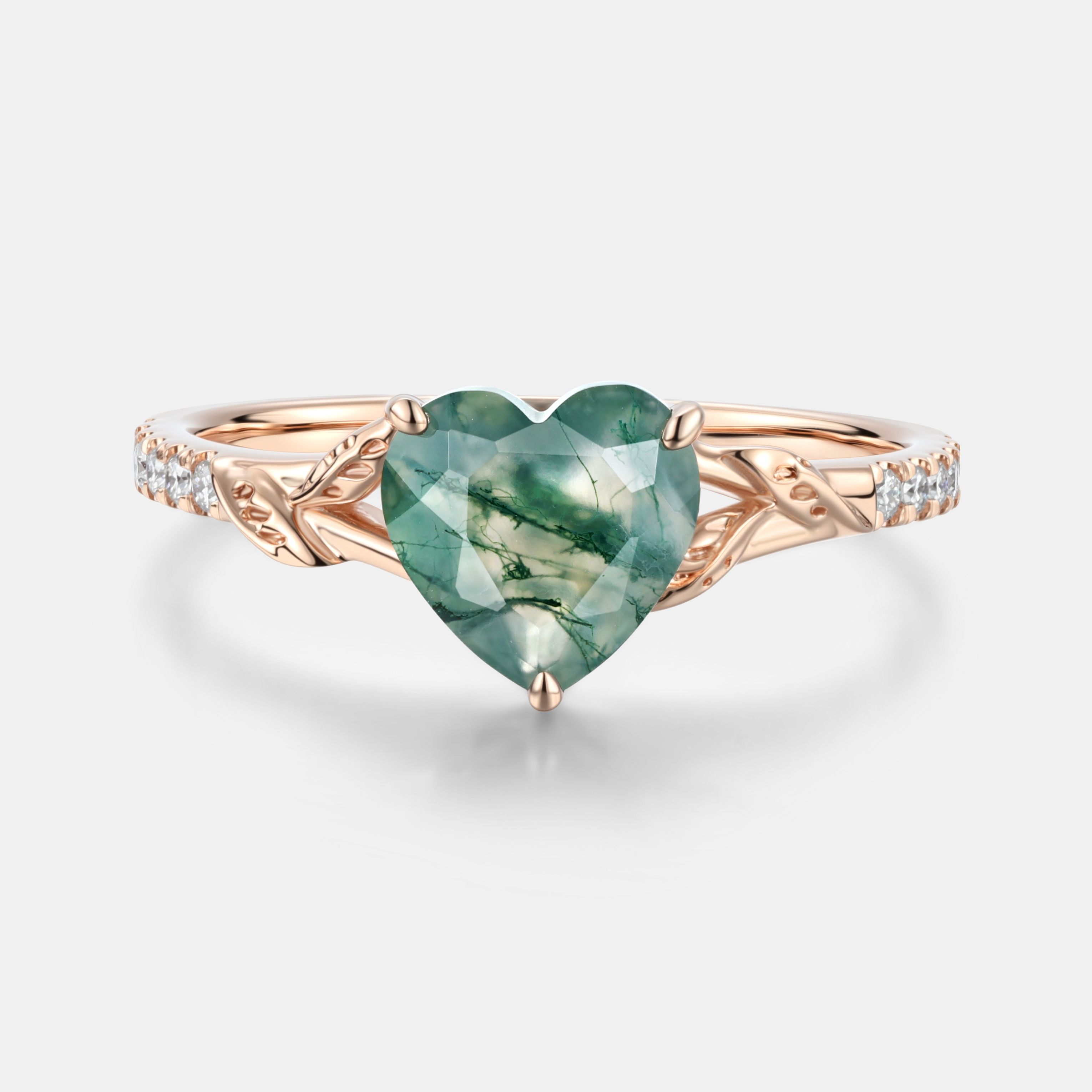 Lucky Gemstone Heart Cut Moss Agate Engagement Ring Intertwined Vine with Leaf Carving & moissanite Accents 