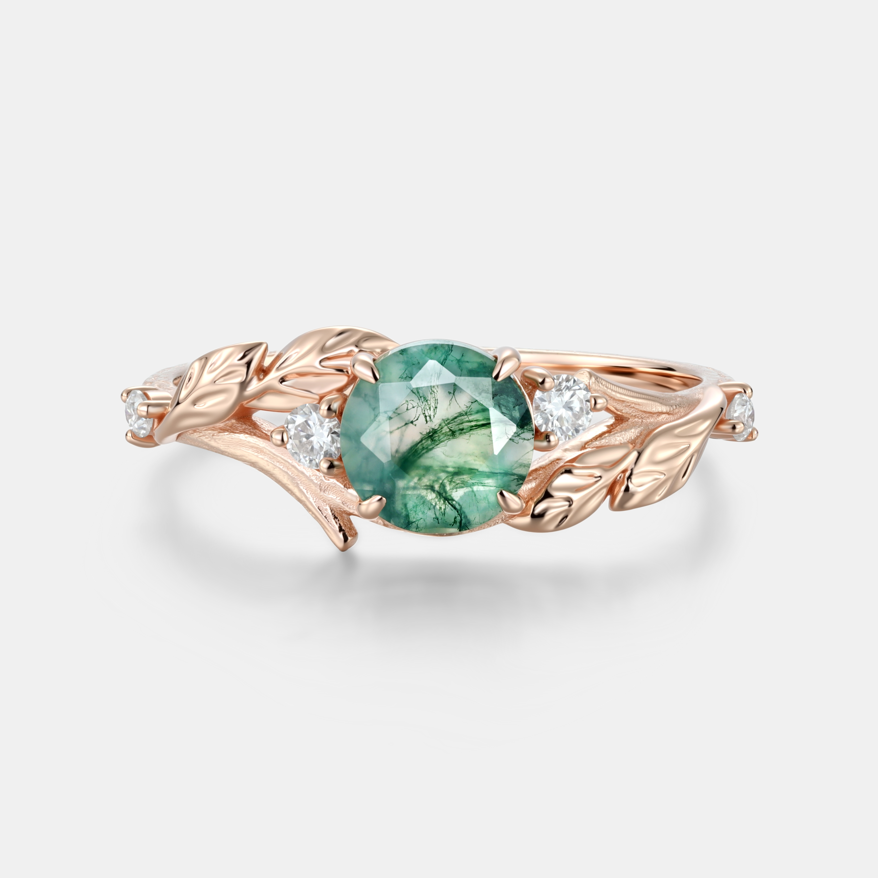Whispers of The Forest – Round Cut Moss Agate Engagement Ring in Rose Gold with Leaf Vine & Moissanite Accent