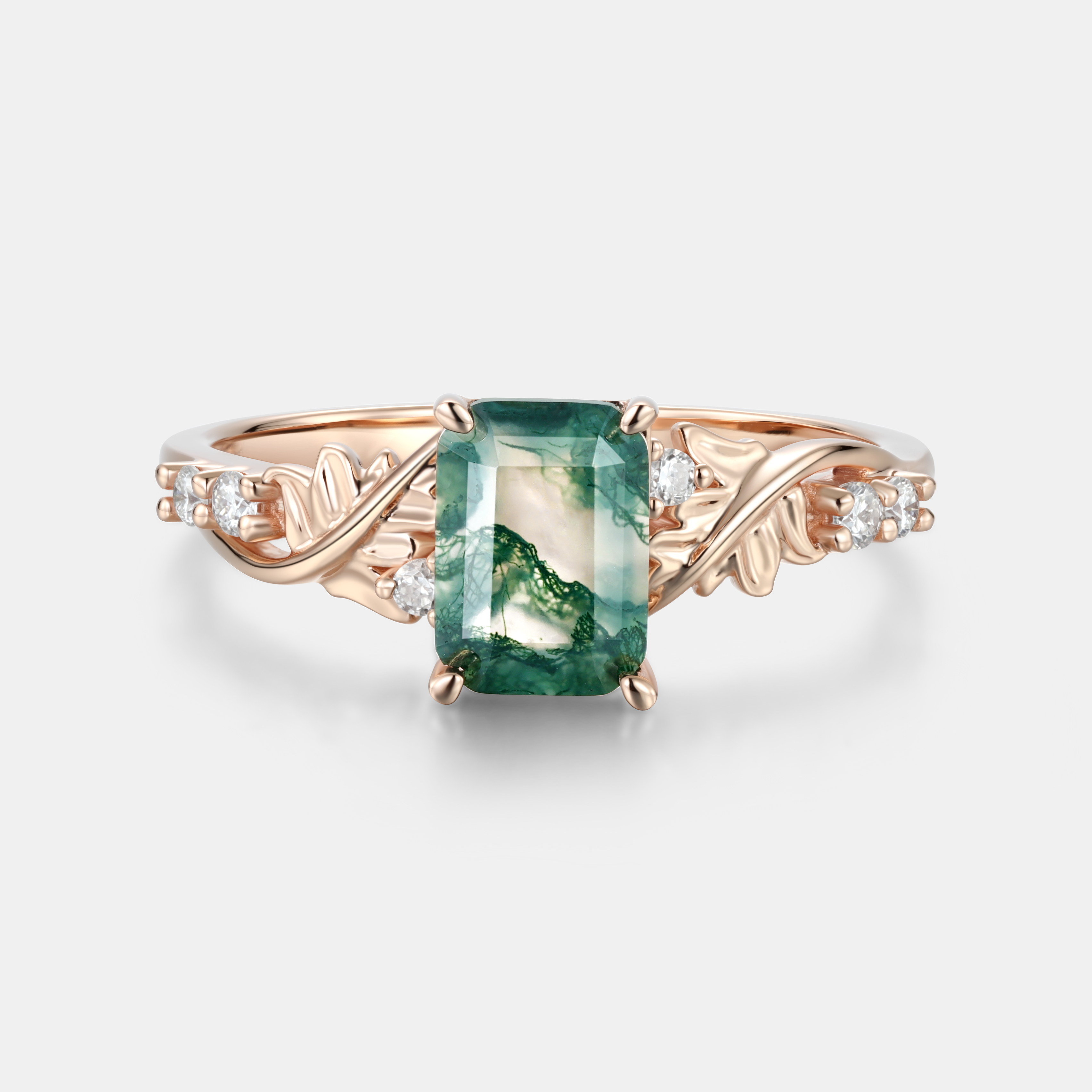 Lucky Gemstone Emerald Cut Moss Agate Engagement Ring in Rose Gold Natural Inspired Design with Moissanite Accent