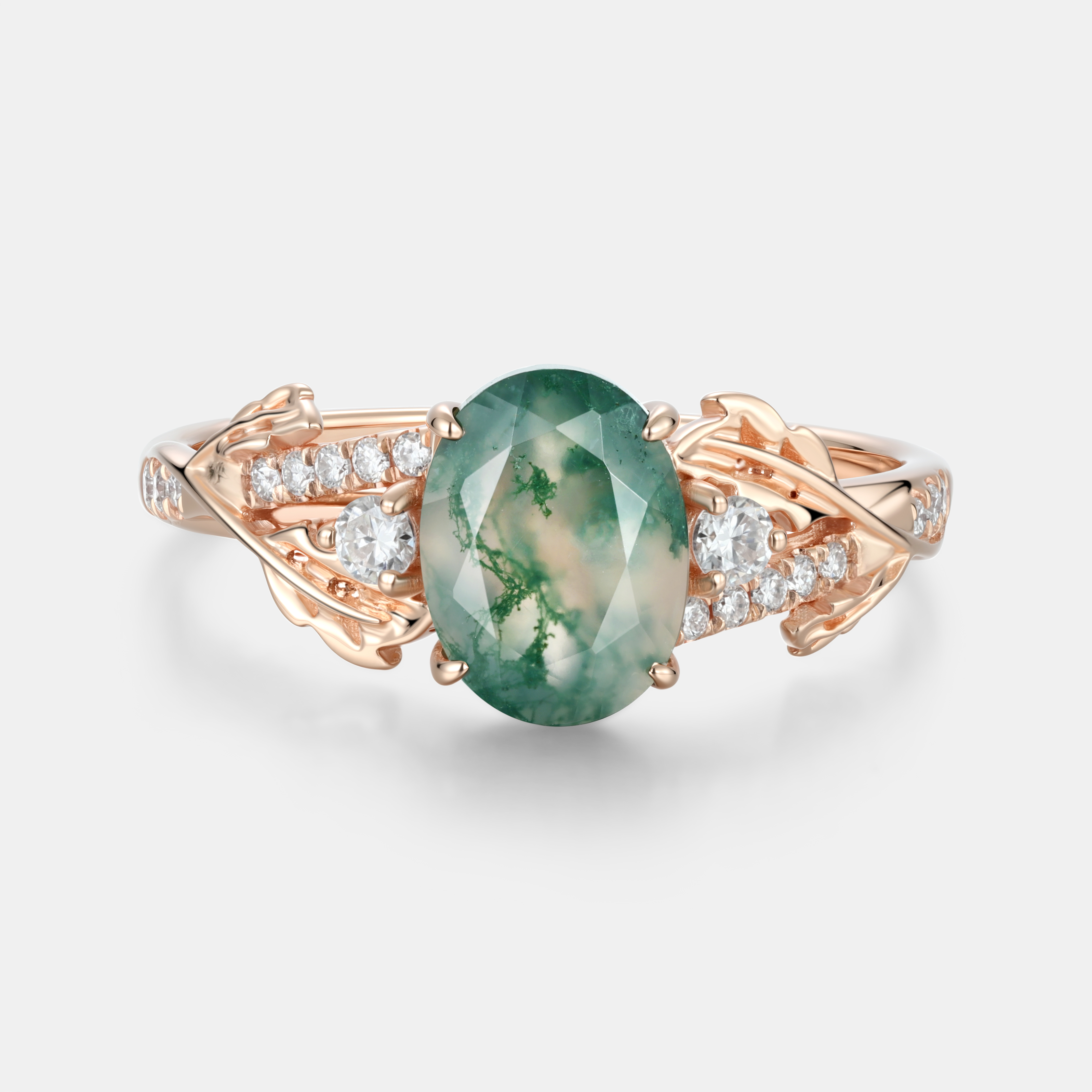 Lucky Gemstone | Oval Cut Moss Agate Engagement Ring | Leaf Vine Floral with Moissanite Accents | Natural Inspired Artistic