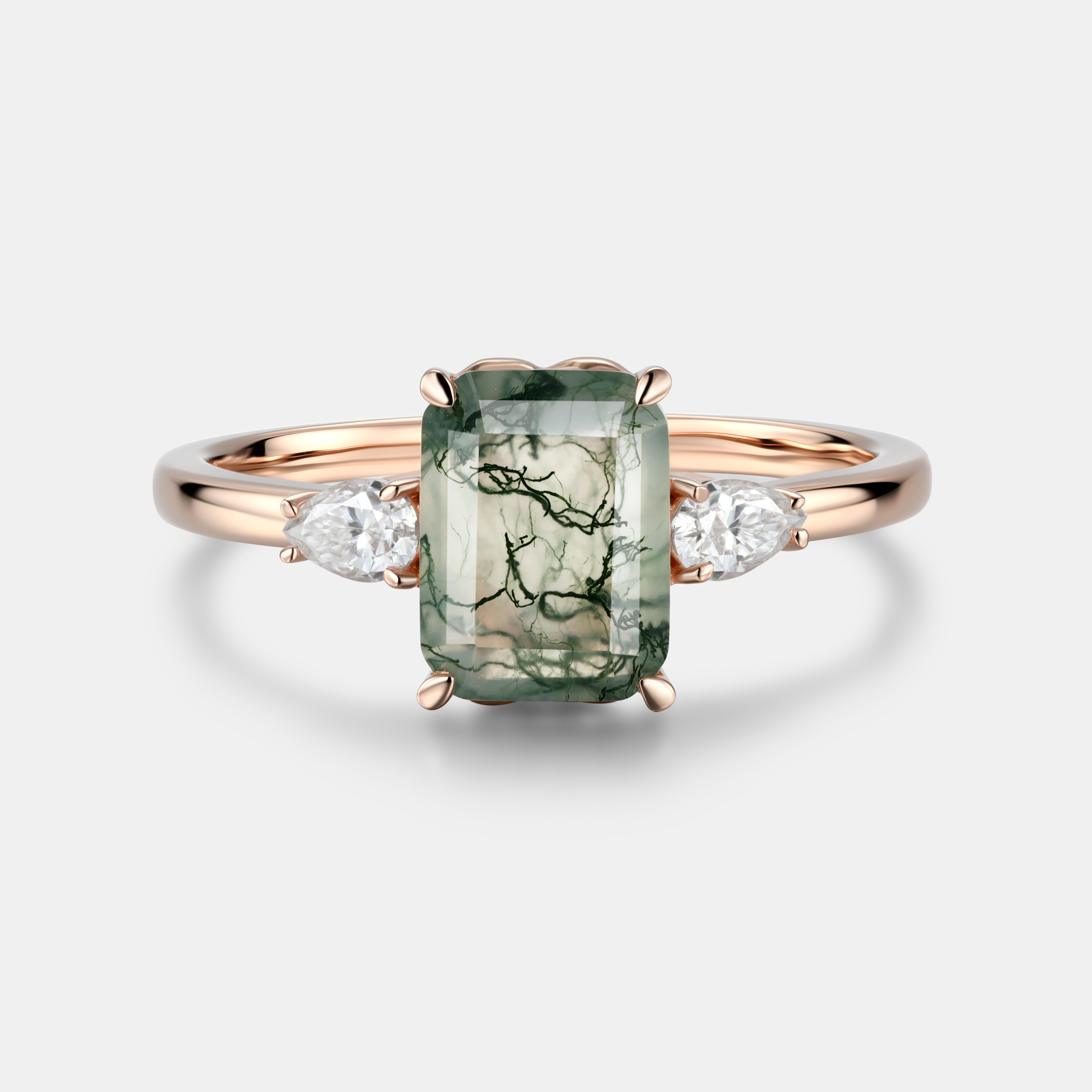 Lucky Rectangular Moss Agate Engagement Ring in Rose Gold | Pear Moissanite Accents with Leaf Vine Shoulders