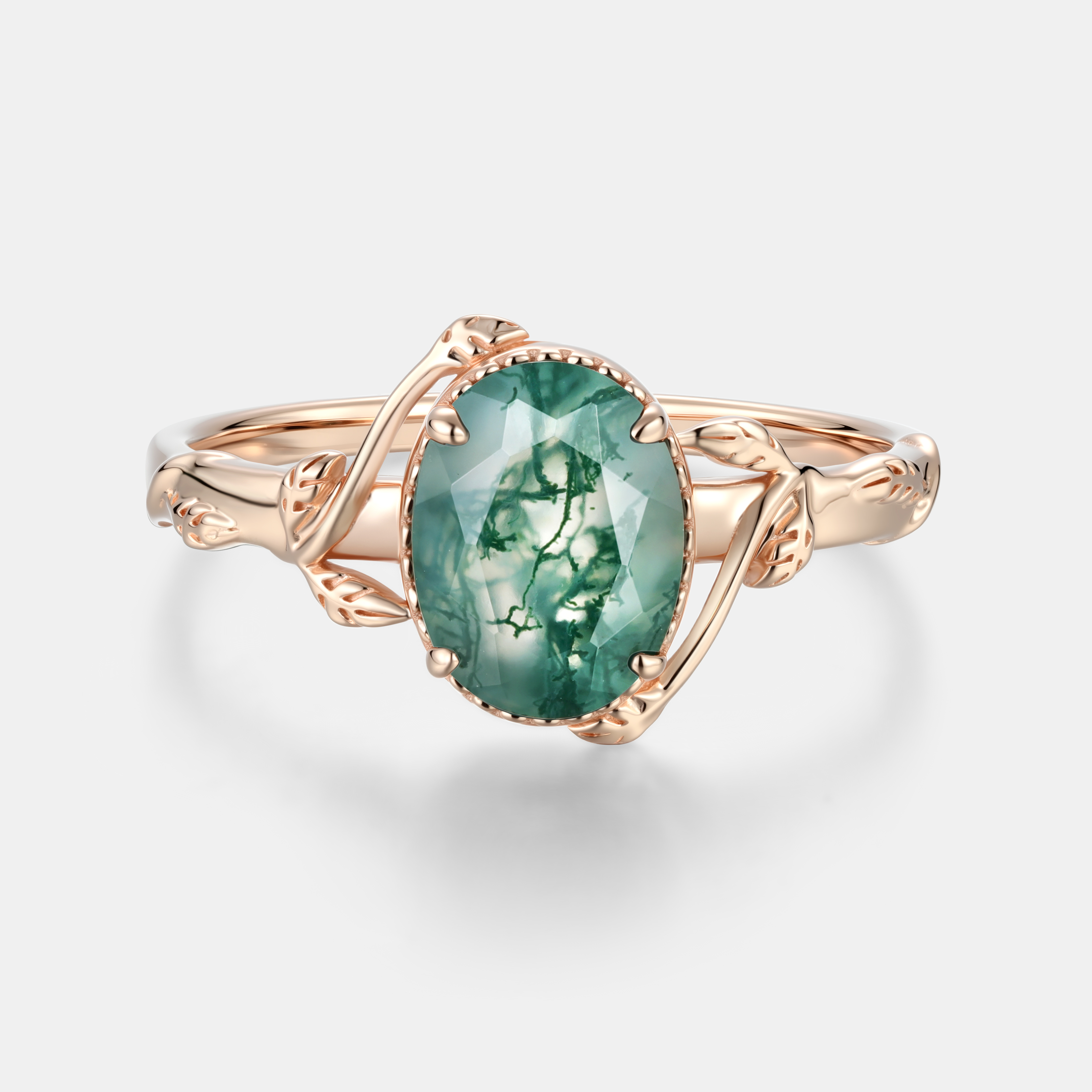 Lucky Gemstone | Oval Cut Moss Agate Engagement Ring in Rose Gold | Milgrain with Leaf Vine Shoulders Band