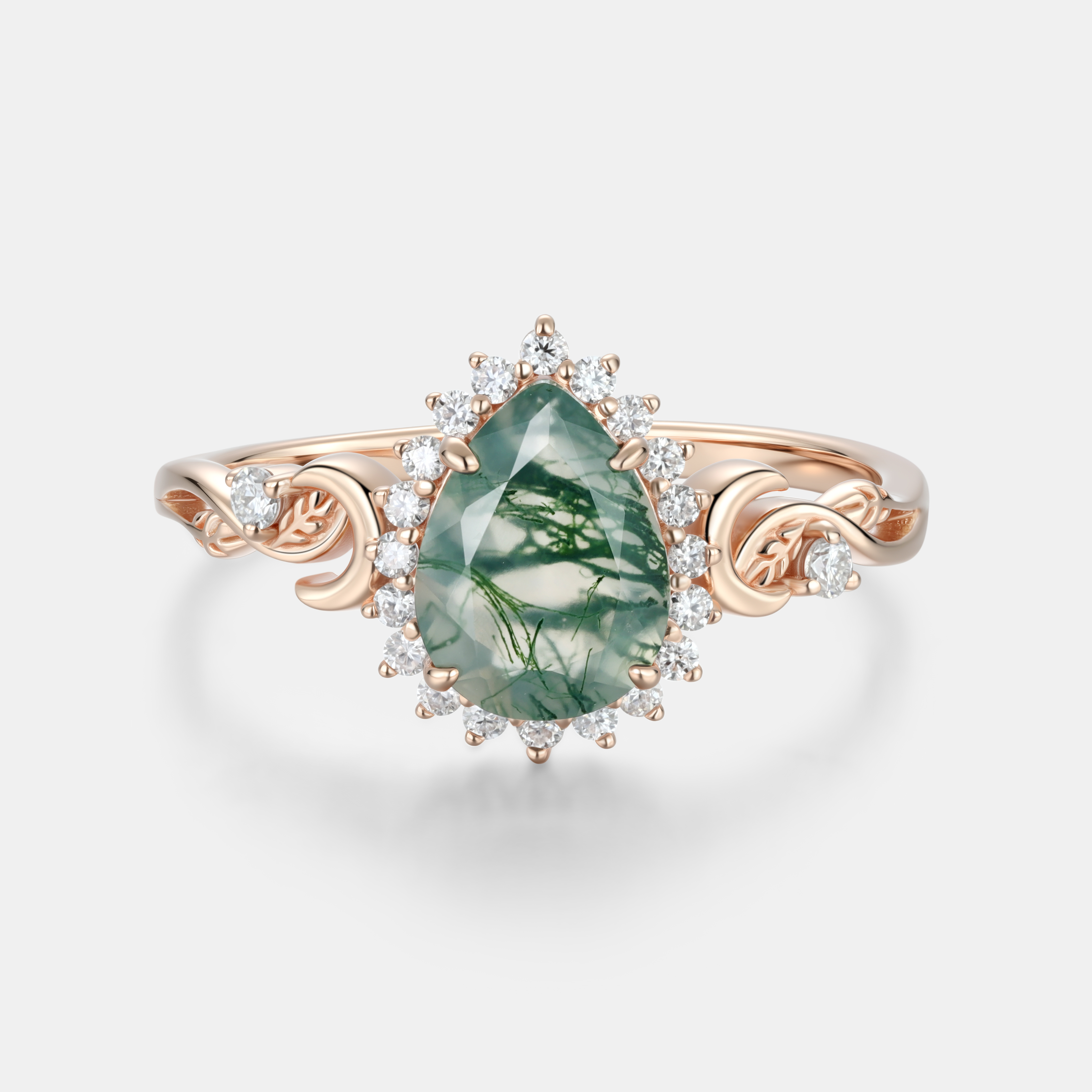 Lucky Gemstone | Pear Cut Moss Agate Engagement Ring in Rose Gold | Moissanite Halo Accent | Moon & Natural Inspired Design Band