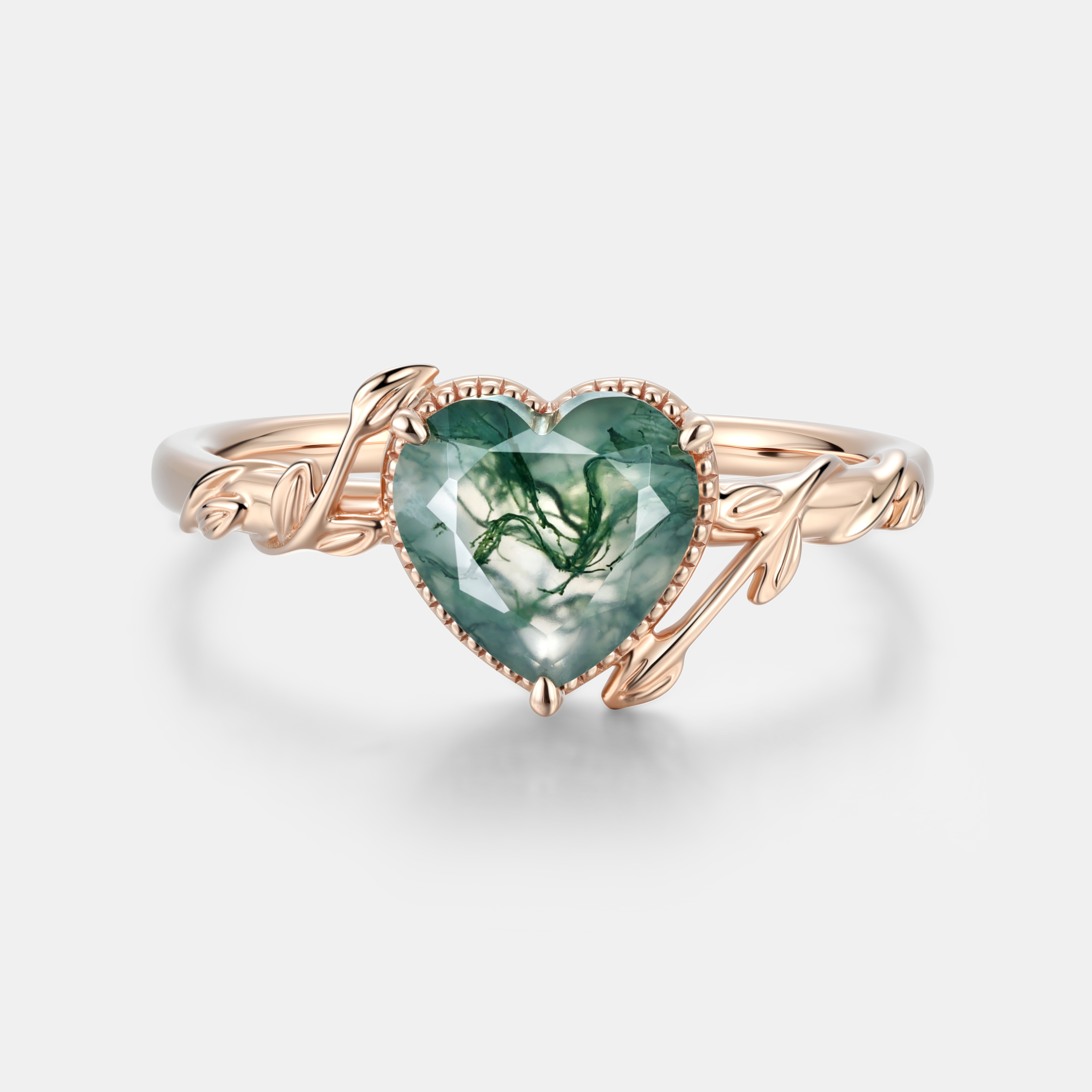 Lucky Gemstone | Heart Cut Moss Agate Engagement Ring in Rose Gold | Milgrain Leaf Vine Botanical Motif Design Band